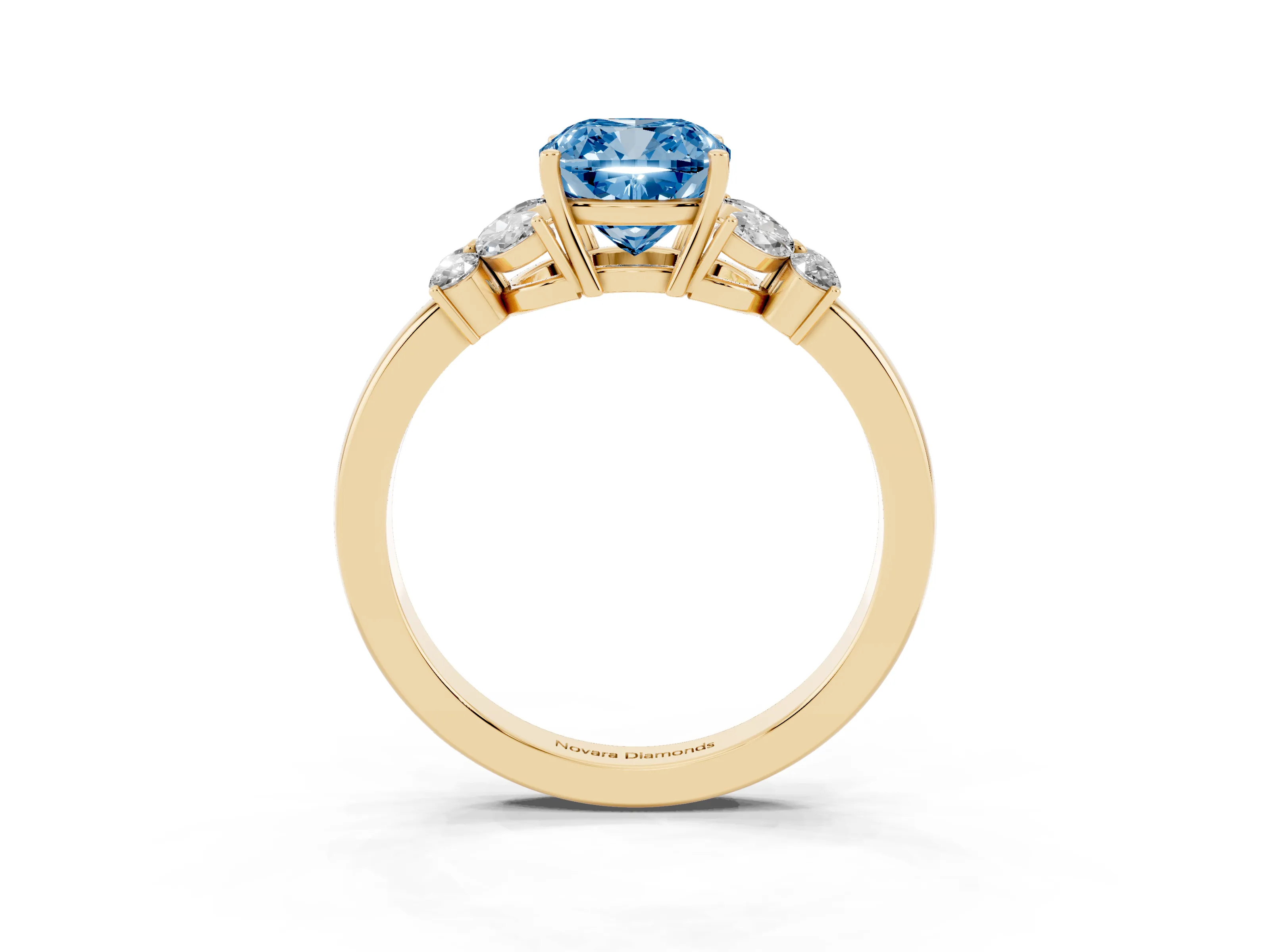 Fancy Blue Cushion Cut Diamond Solitaire Floral Ring Set in Yellow gold with Marquise Petals and Prong Setting