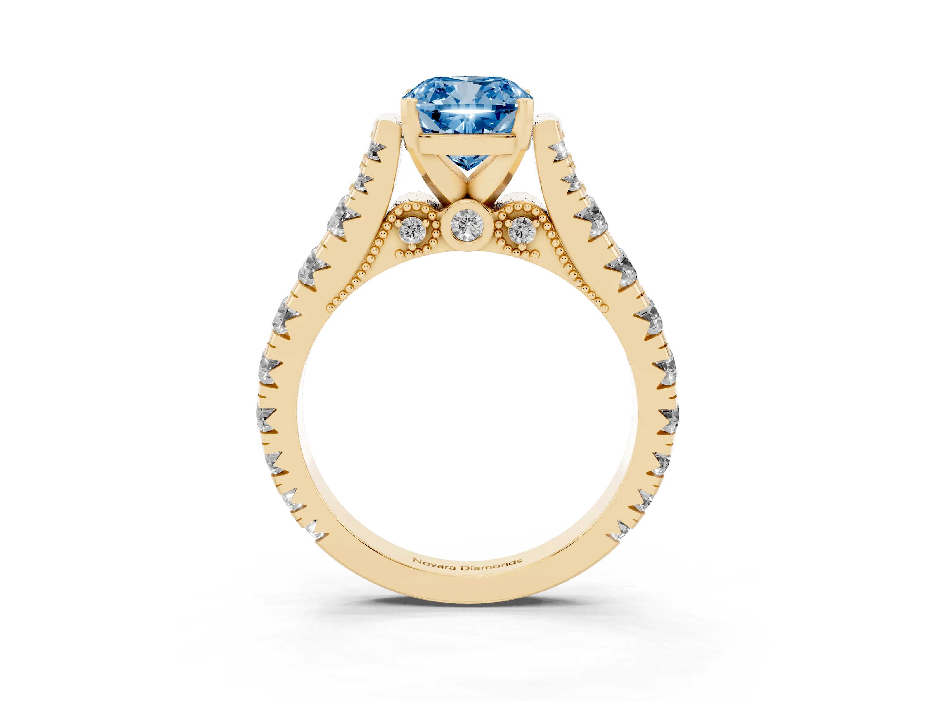Fancy Blue Cushion Cut Diamond Classic Solitaire Ring Set in Yellow gold with Pavé Band and Prong Setting
