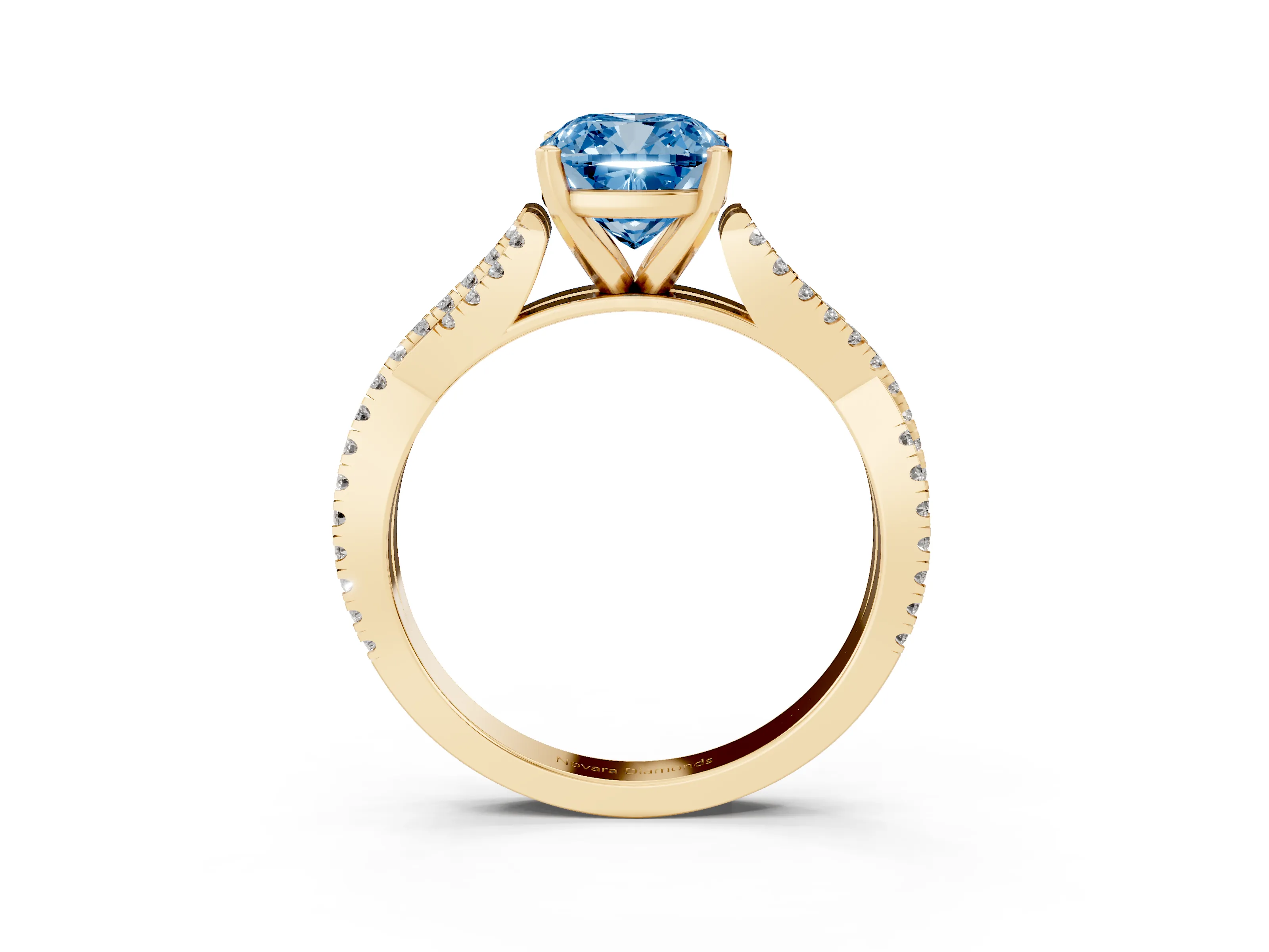Fancy Blue Cushion Cut Diamond Solitaire Engagement Ring Set in Yellow gold with Twisted Pavé Band and Prong Setting