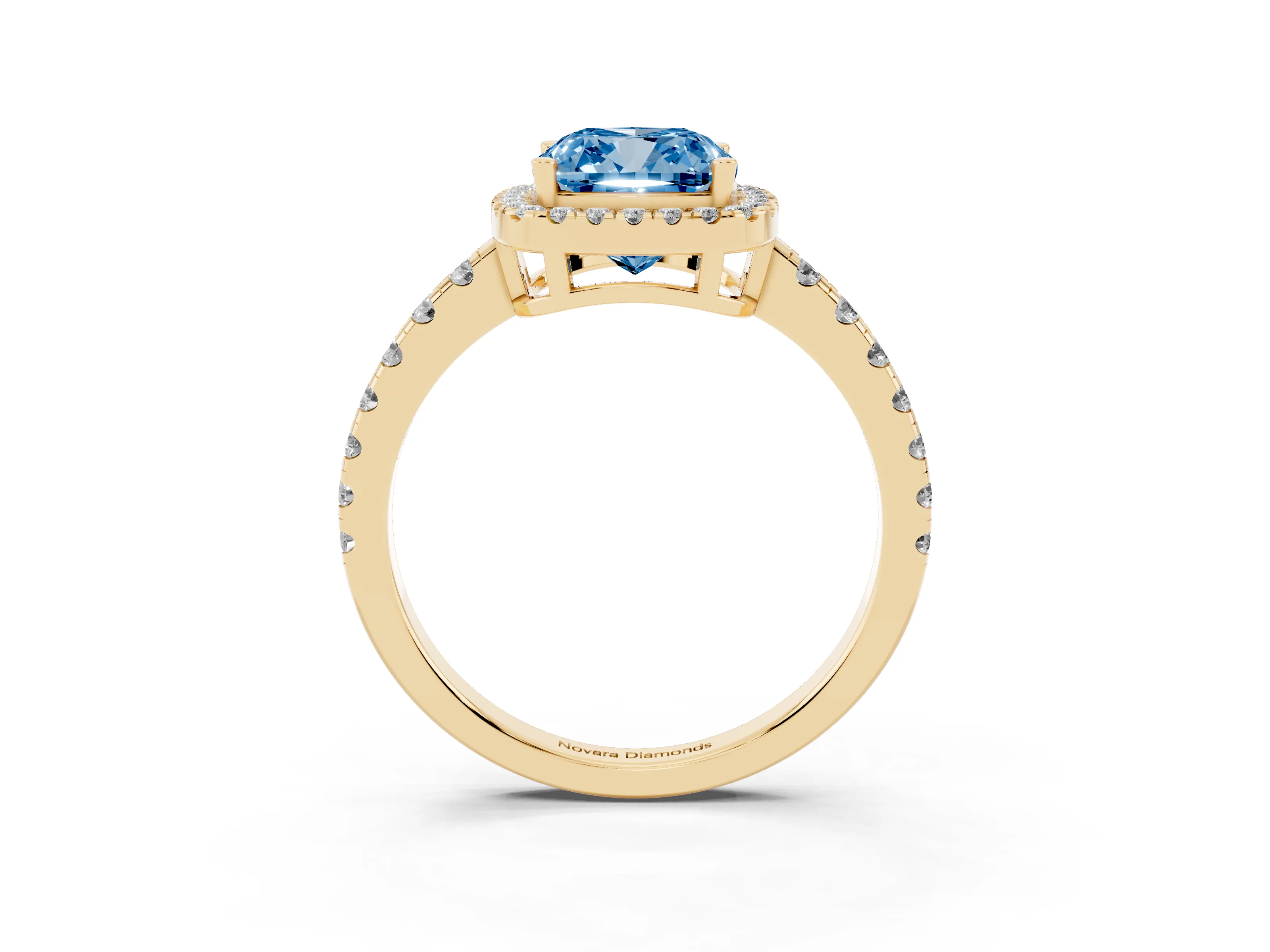 Fancy Blue Cushion Cut Diamond Halo Ring Set in Yellow gold with Delicate Pavé Band and Prong Setting