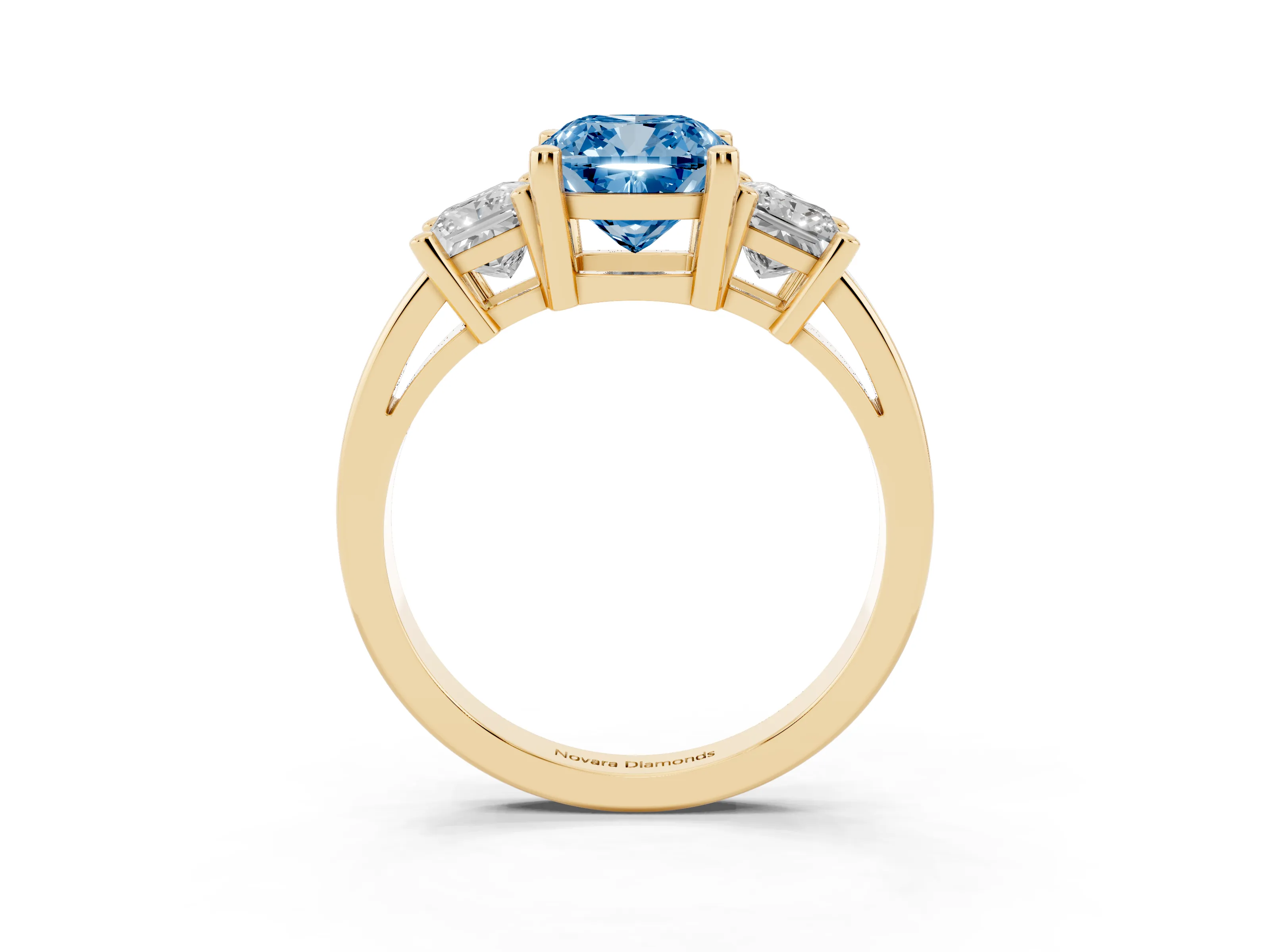 Fancy Blue Three-Stone Cushion Cut Diamond Solitaire Ring Set in Yellow gold with Prong Setting