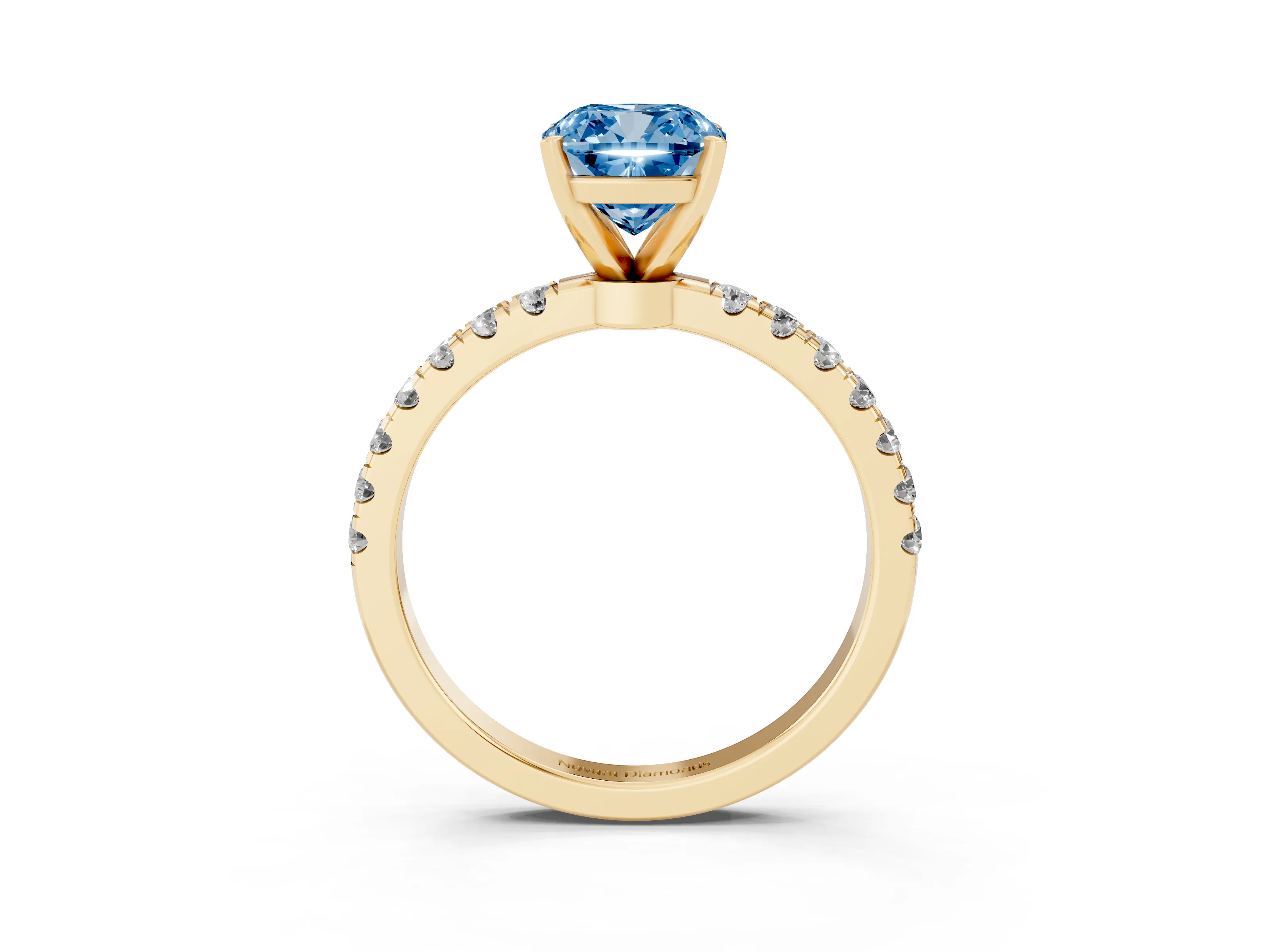 Fancy Blue Cushion Cut Diamond Solitaire Ring Set in Yellow gold with Pavé Accents and Prong Setting