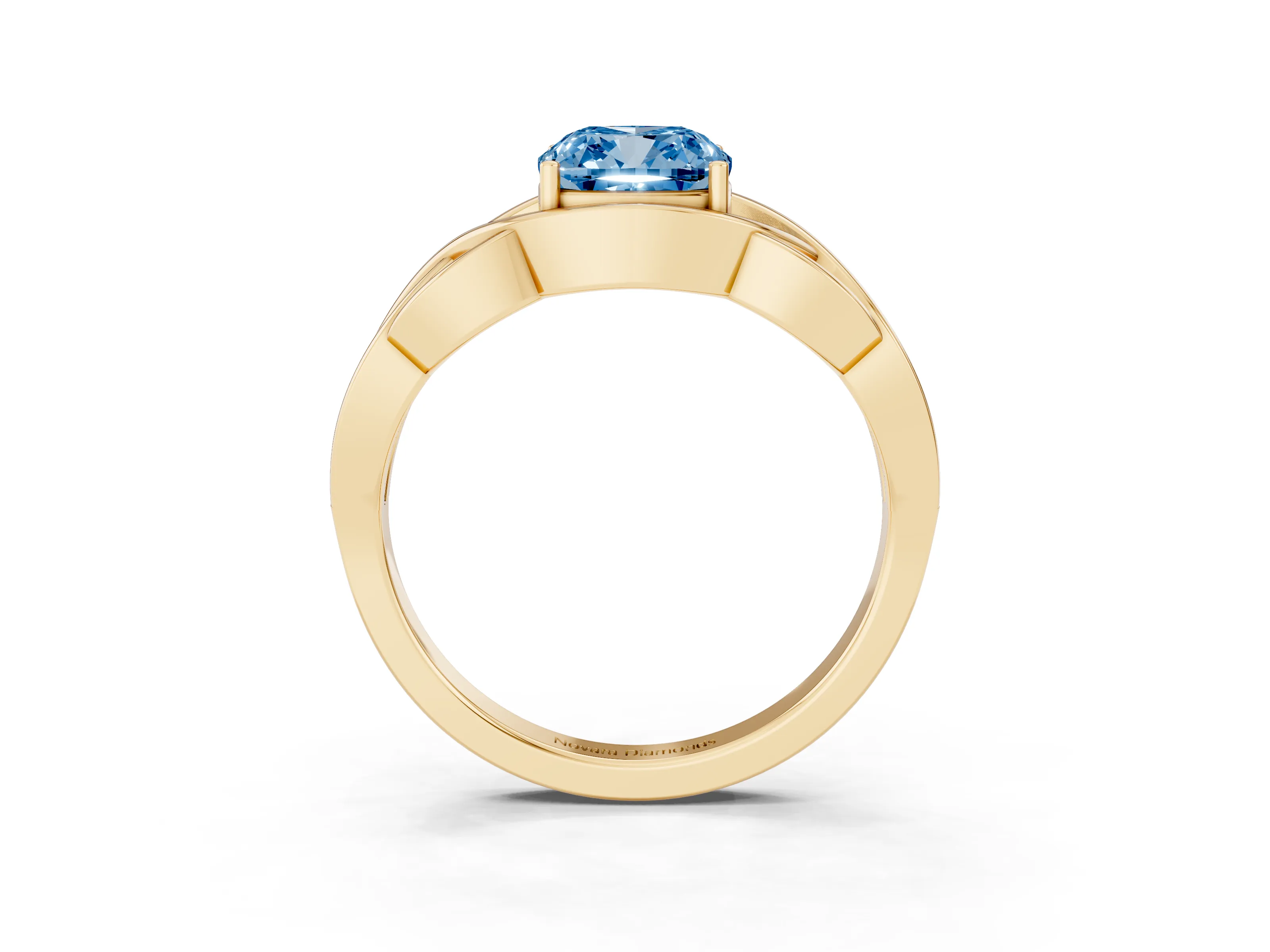 Fancy Blue Cushion Cut Diamond Solitaire Ring Set in Yellow gold with Intertwined Band
