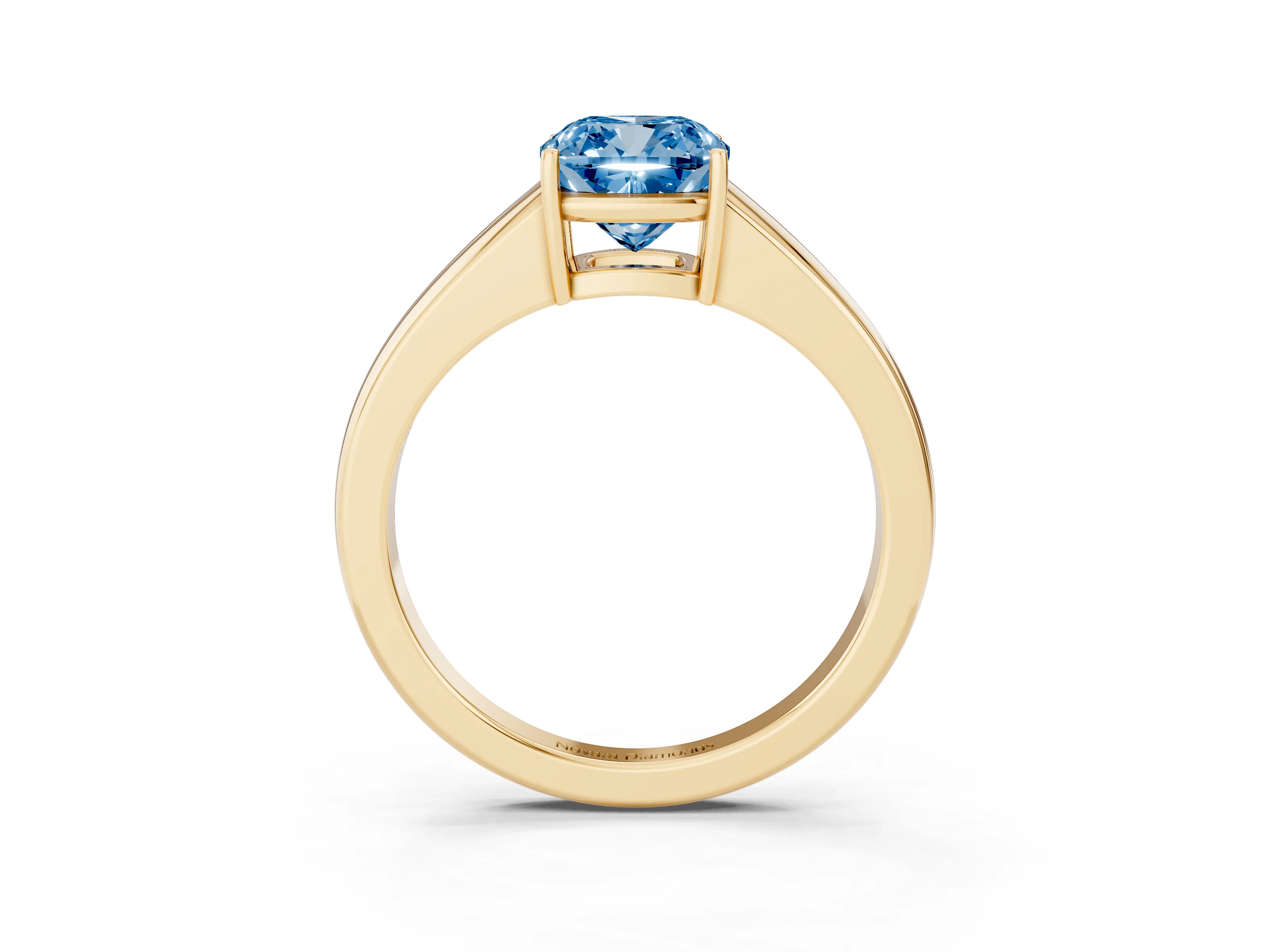 Fancy Blue Cushion Cut Diamond Solitaire Ring Set in Yellow gold with Tapered Band and Prong Setting
