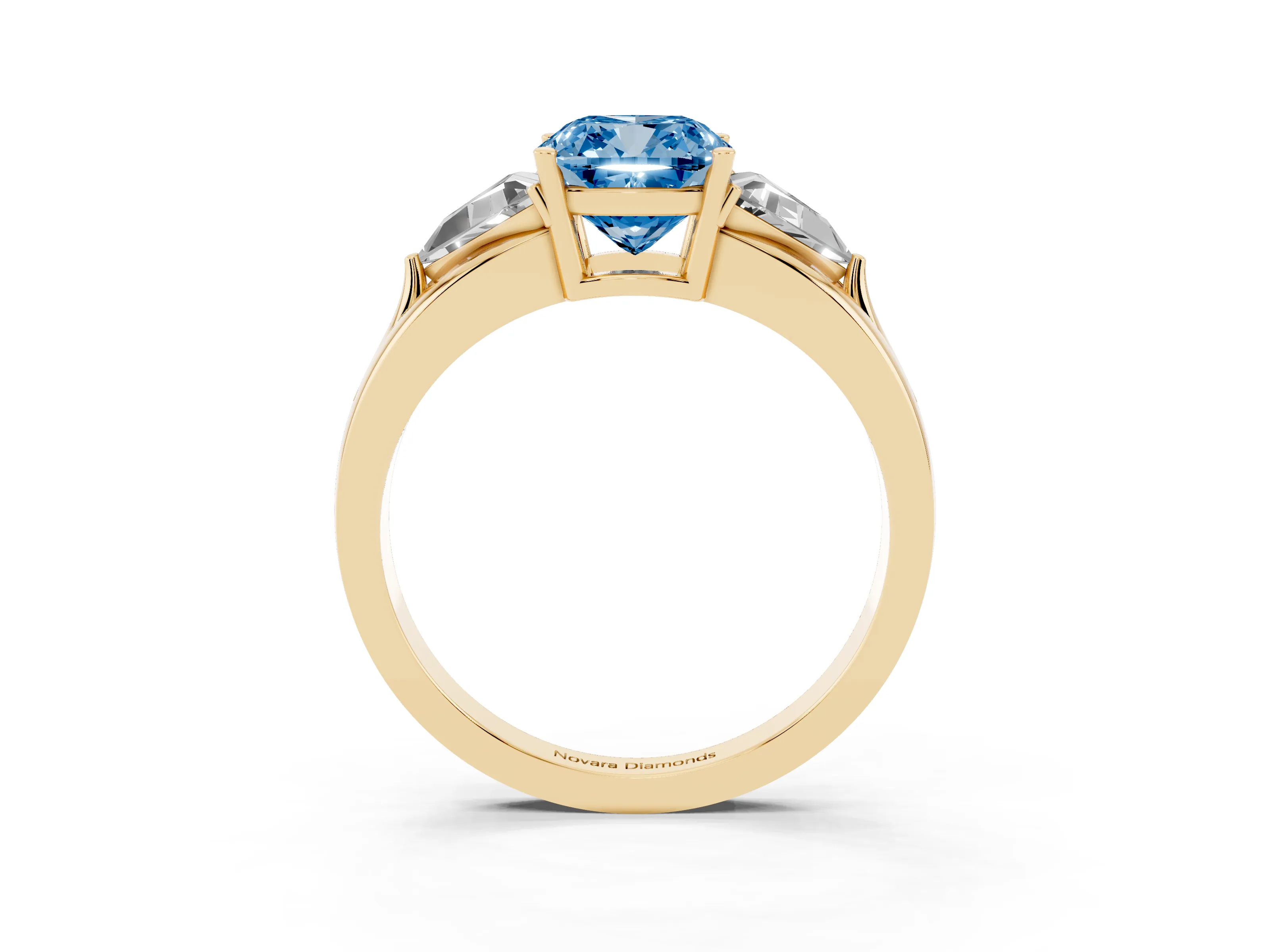 Fancy Blue Cushion Cut Diamond Three-Stone Ring Set in Yellow gold with Trillion Side Stones and Split Shank