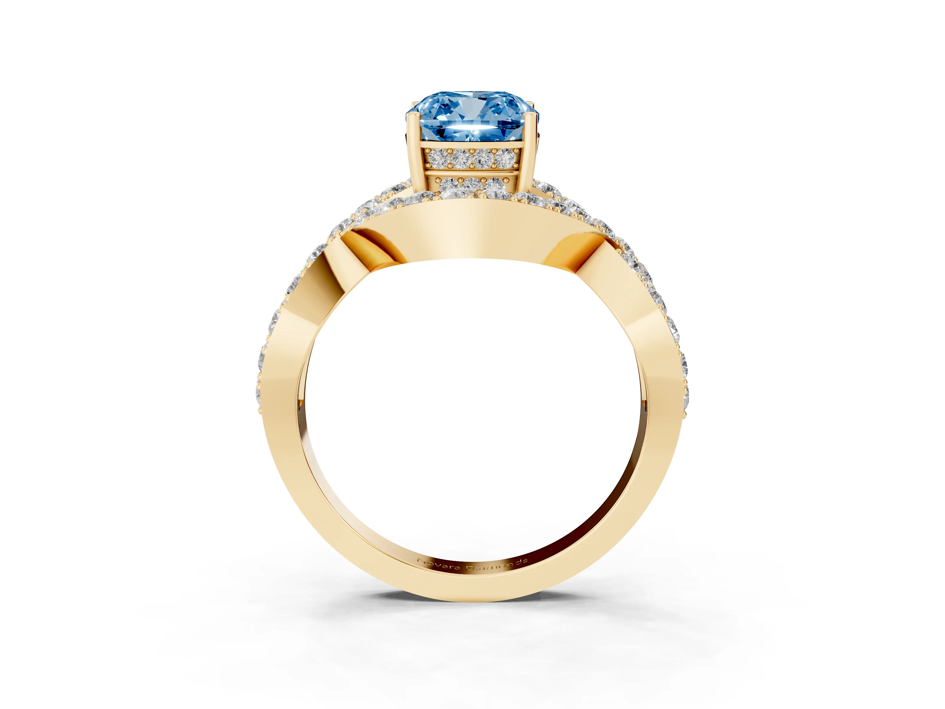Fancy Blue Cushion Cut Diamond Solitaire Twist Band Pavé Engagement Ring Set in Yellow gold