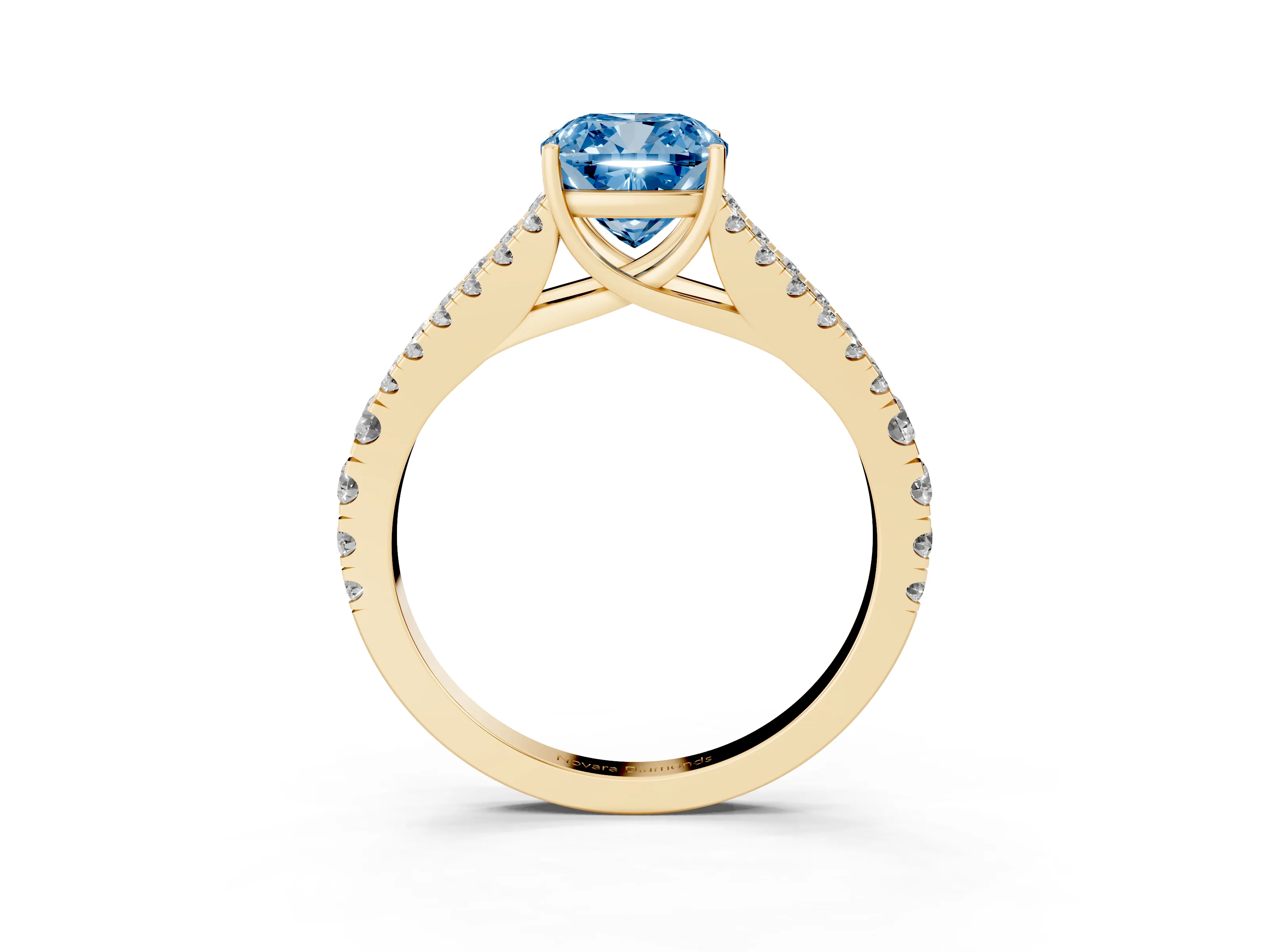 Fancy Blue Cushion Cut Diamond Split Shank Pavé Engagement Ring Set in Yellow gold with Prong-Held Center Stone