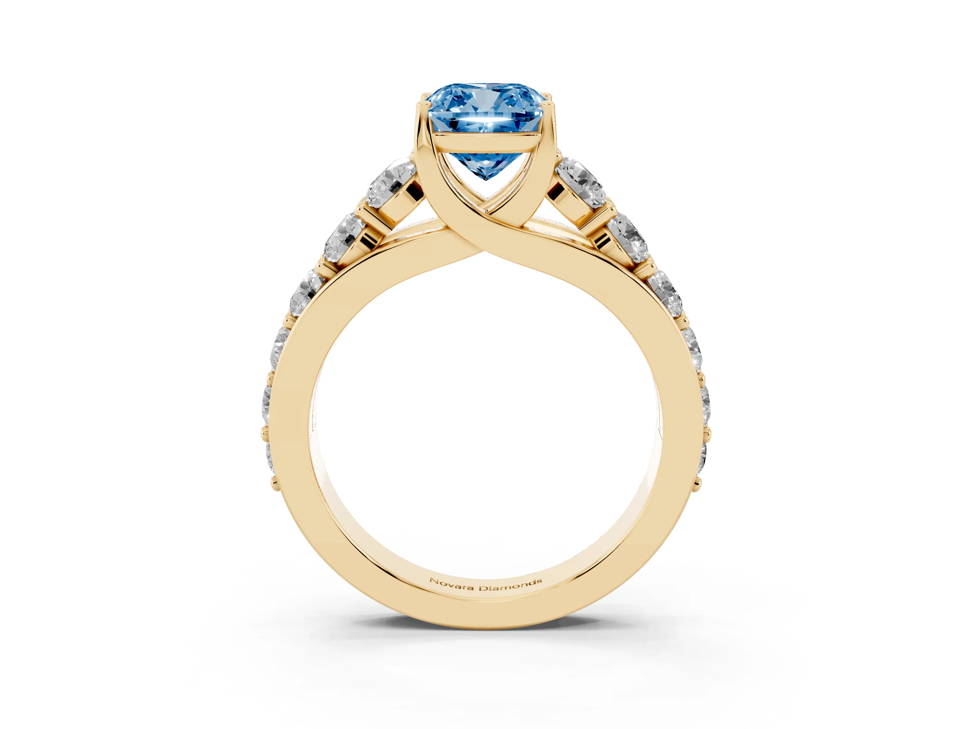 Fancy Blue Cushion Cut Diamond Pavé Engagement Ring Set in Yellow gold with Prong Setting