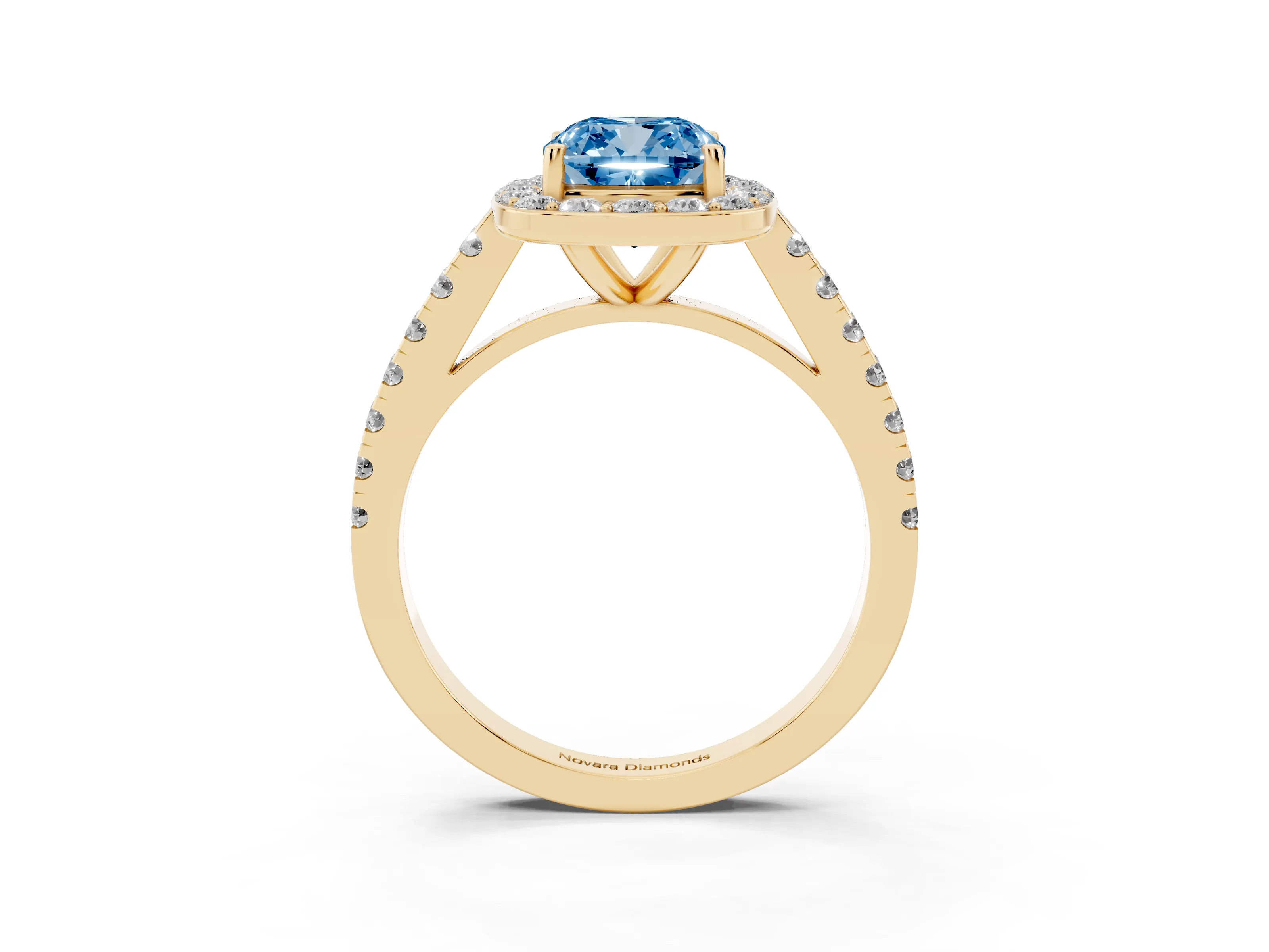 Fancy Blue Cushion Cut Diamond Halo Ring Set in Yellow gold with Round Pavé Split Shank and Prong Setting