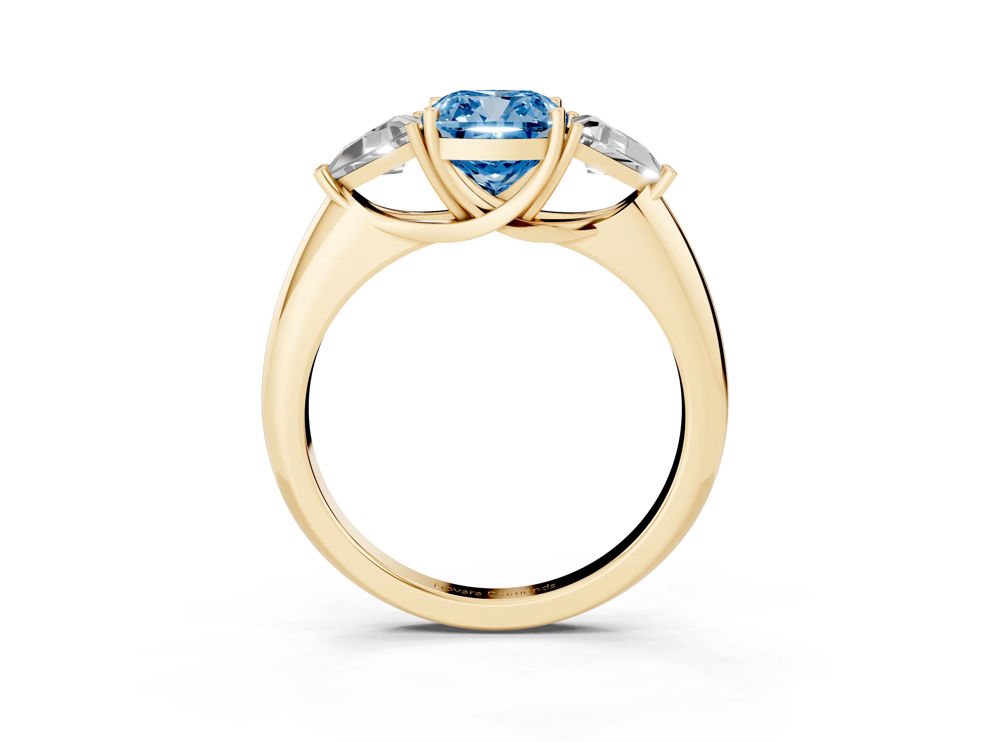 Fancy Blue Cushion Cut Diamond Three-Stone Engagement Ring Set in Yellow gold with Trillion Side Stones