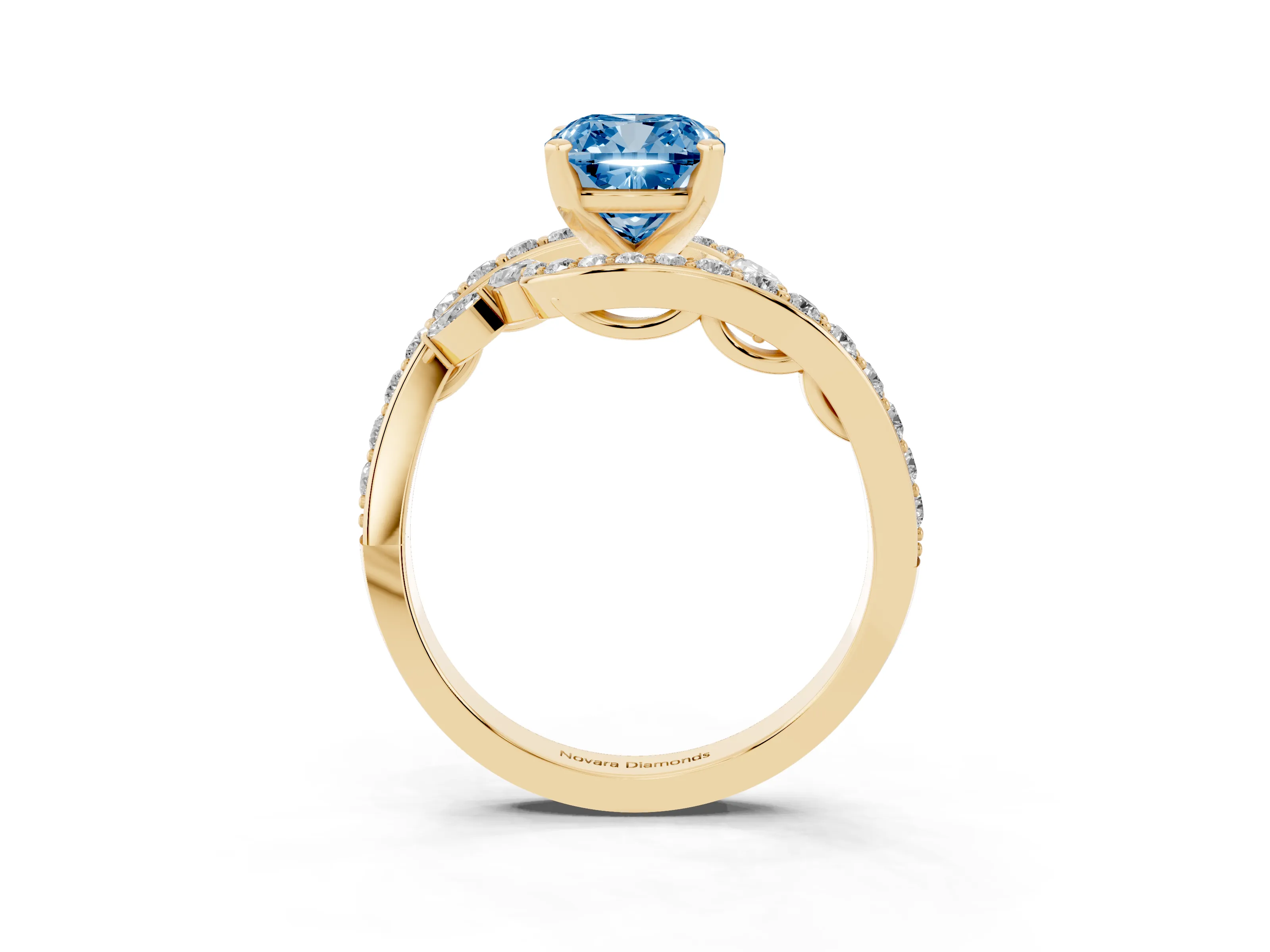 Fancy Blue Cushion Cut Diamond Solitaire Ring Set in Yellow gold with Filigree Band and Prong Setting