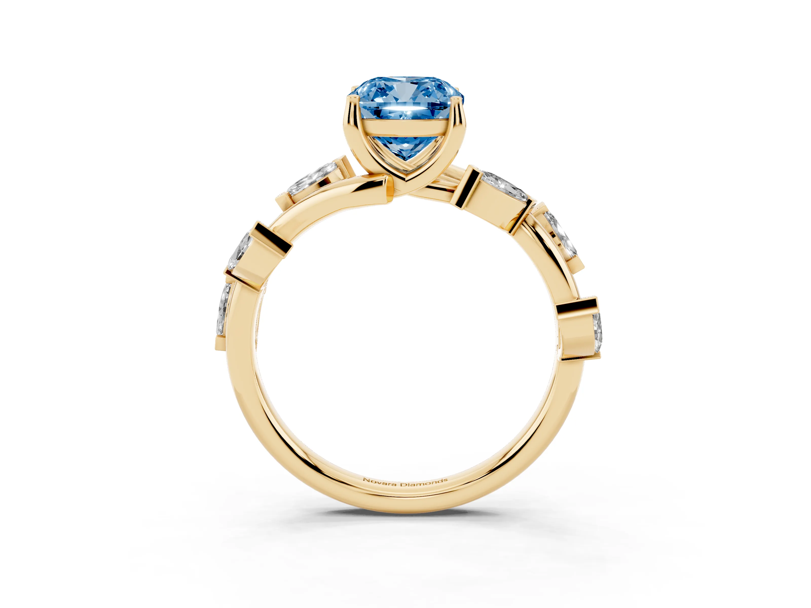 Fancy Blue Cushion Cut Diamond Solitaire Ring Set in Yellow gold with Twisted Marquise Accent Band