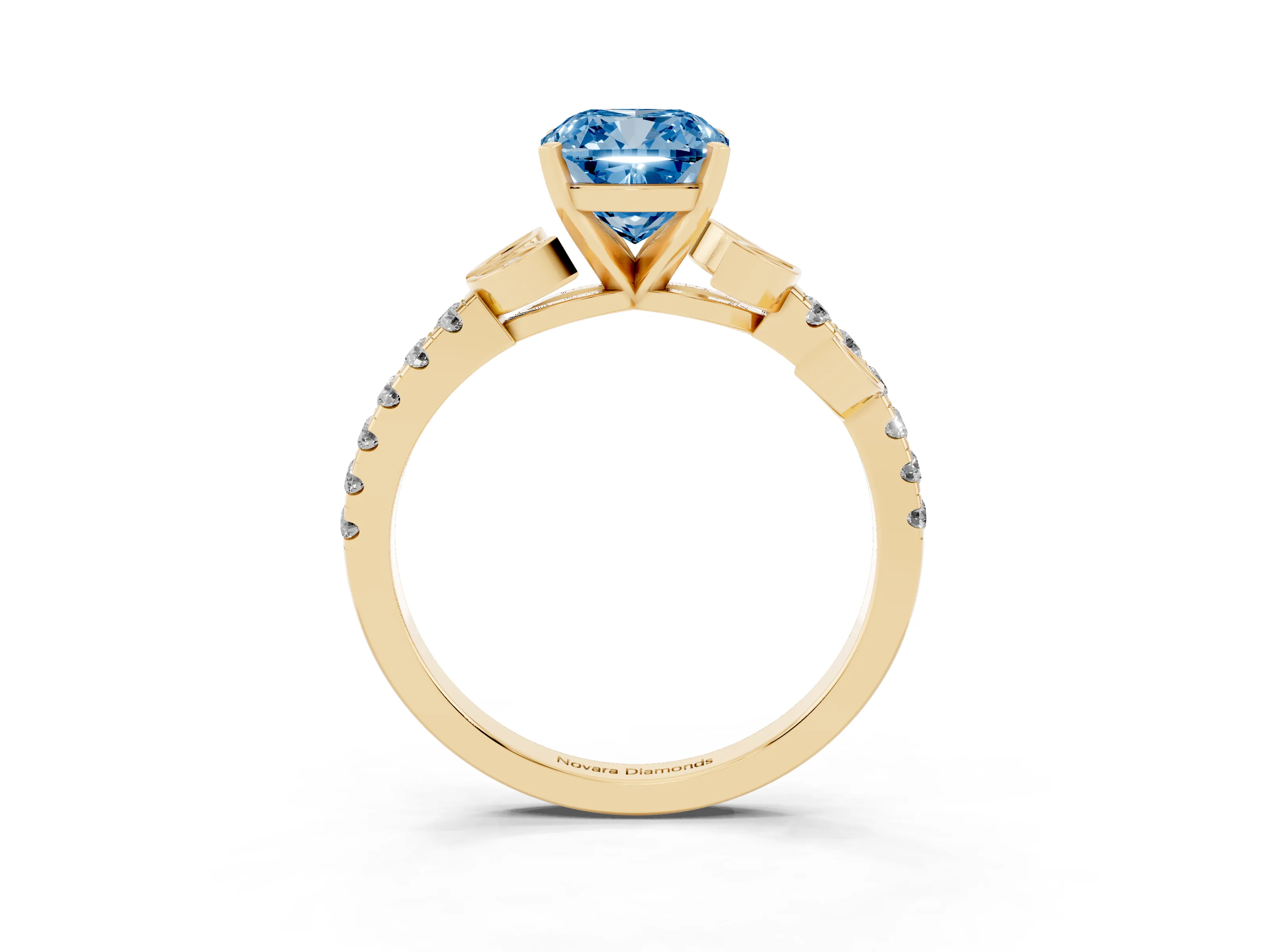 Fancy Blue Cushion Cut Diamond Solitaire Leaf-Inspired Ring Set in Yellow gold with Pavé Band and Prong Setting