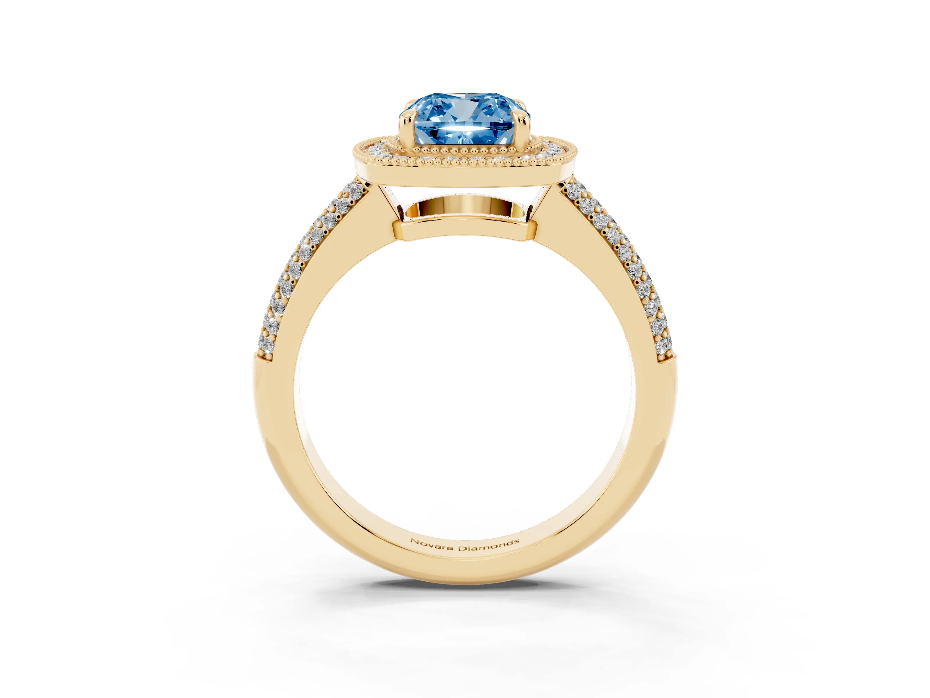 Fancy Blue Cushion Cut Diamond Halo Pavé Band Set in Yellow gold with Prong Setting