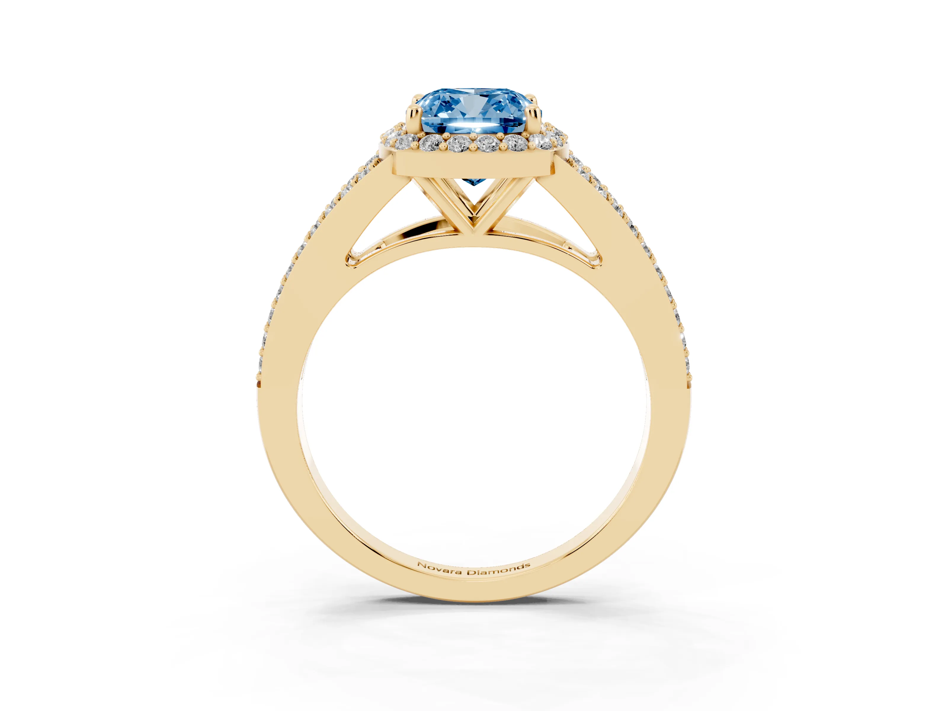 Fancy Blue Cushion Cut Diamond Halo Split Shank Ring Set in Yellow gold with Accent Stones and Prong Setting