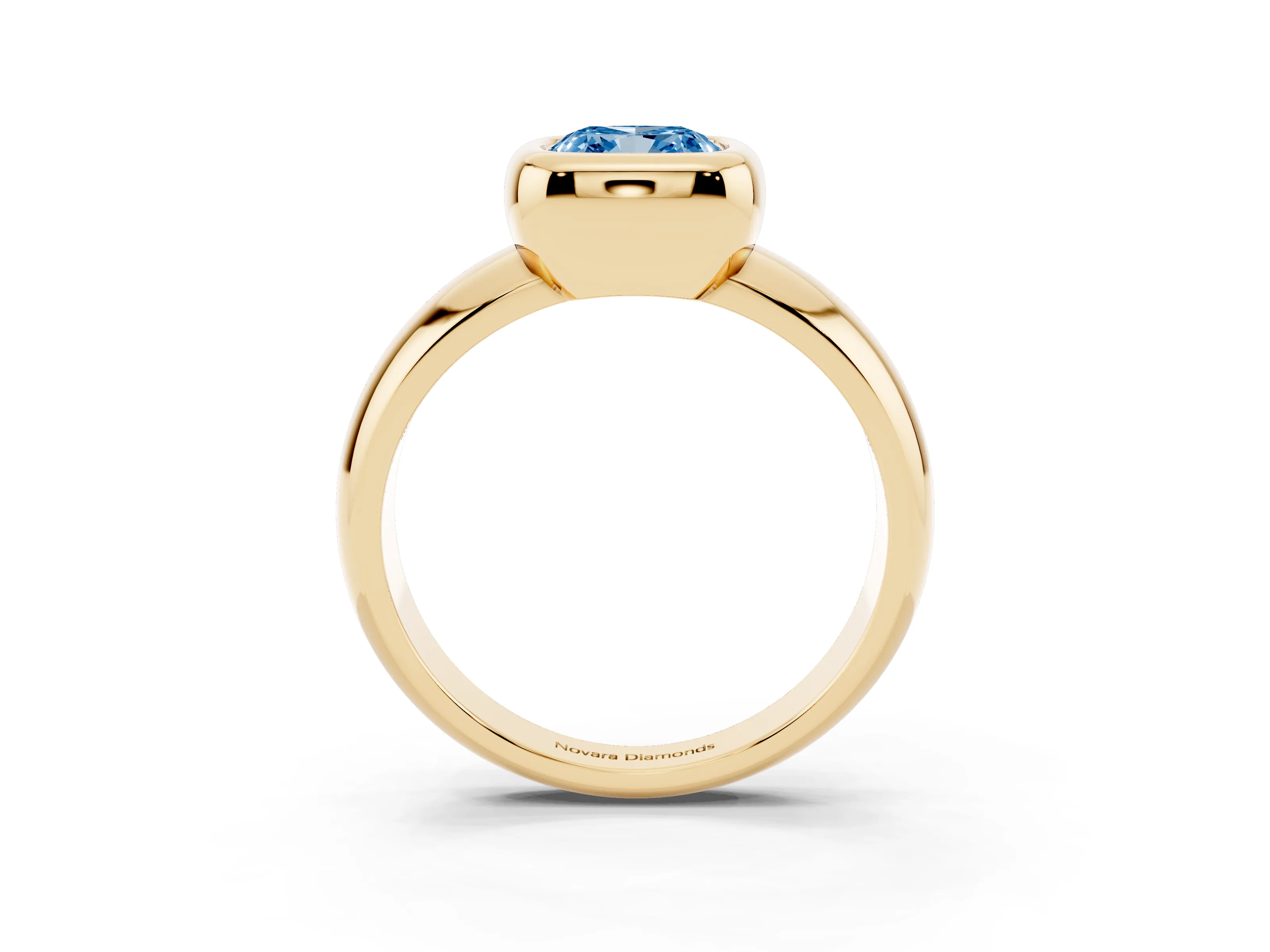Fancy Blue Bezel Set Cushion Cut Diamond Solitaire Ring Set in Yellow gold with Wide Band