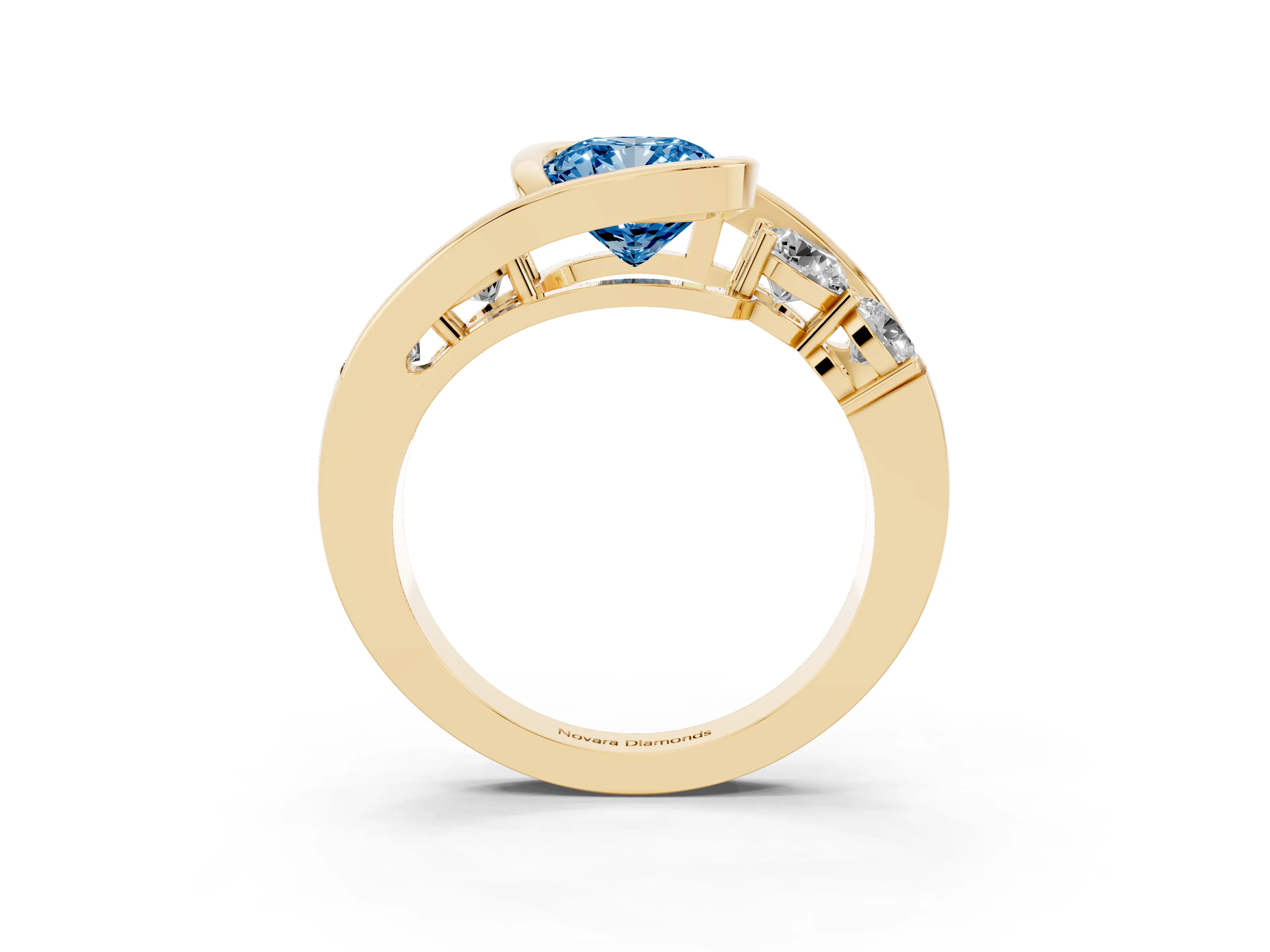 Fancy Blue Cushion Cut Diamond Bezel Bypass Ring Set in Yellow gold with Round Accents