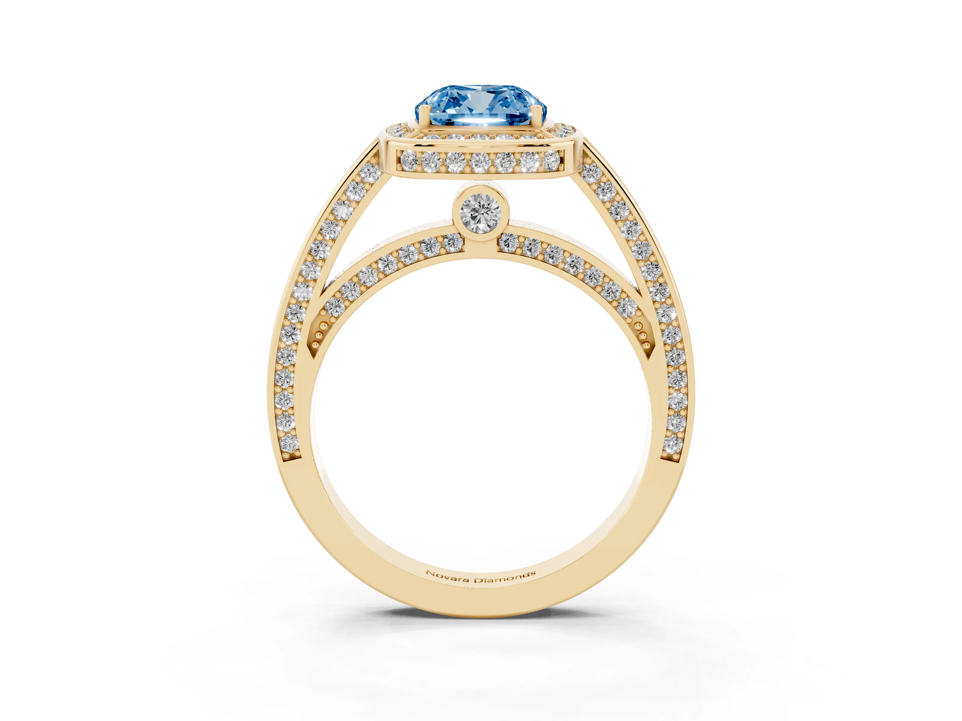 Fancy Blue Cushion Cut Diamond Halo Pavé Split Shank Ring Set in Yellow gold with Prong Setting