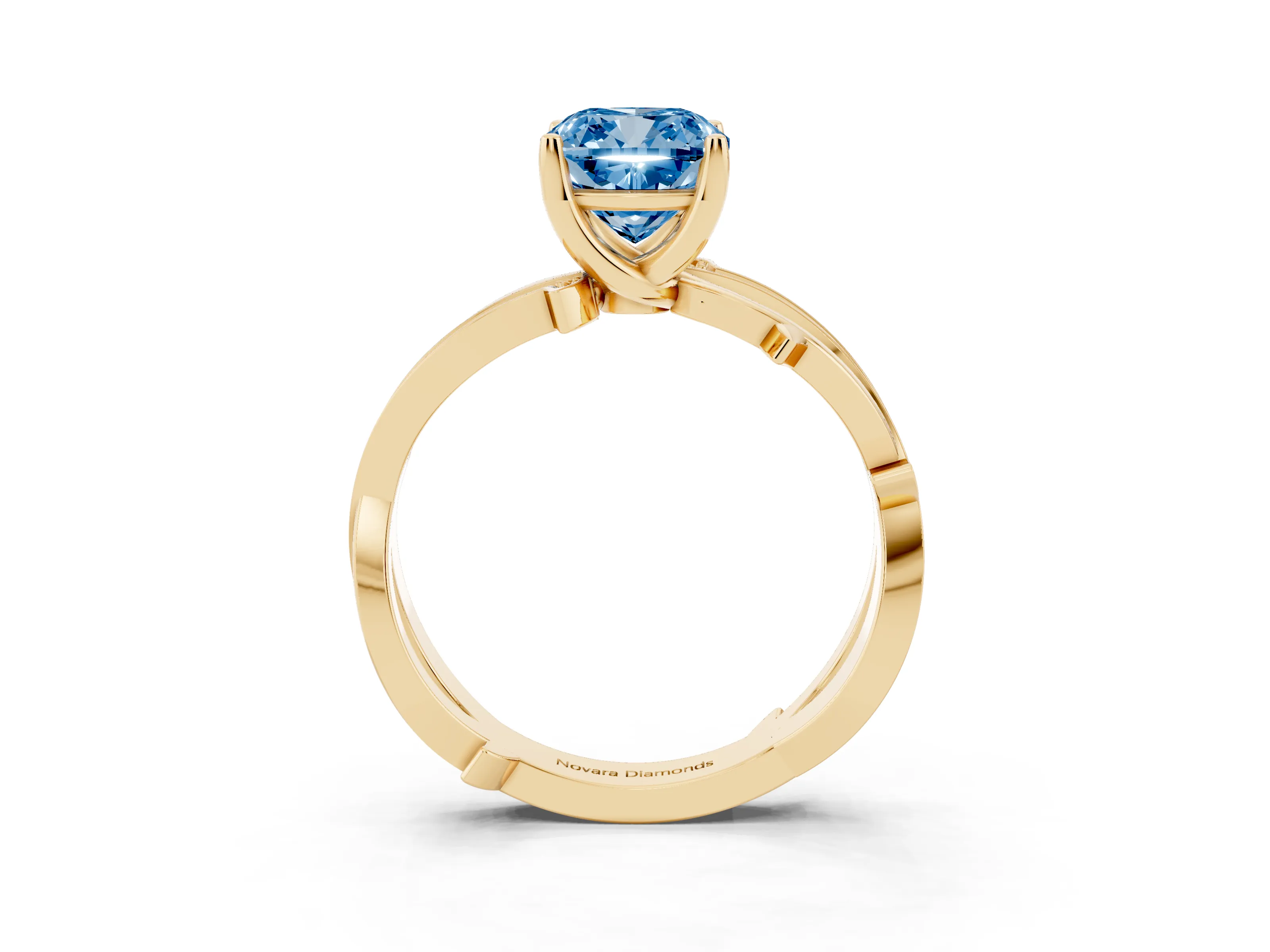 Fancy Blue Cushion Cut Diamond Pavé Twist Band Solitaire Ring Set in Yellow gold with Prong Setting