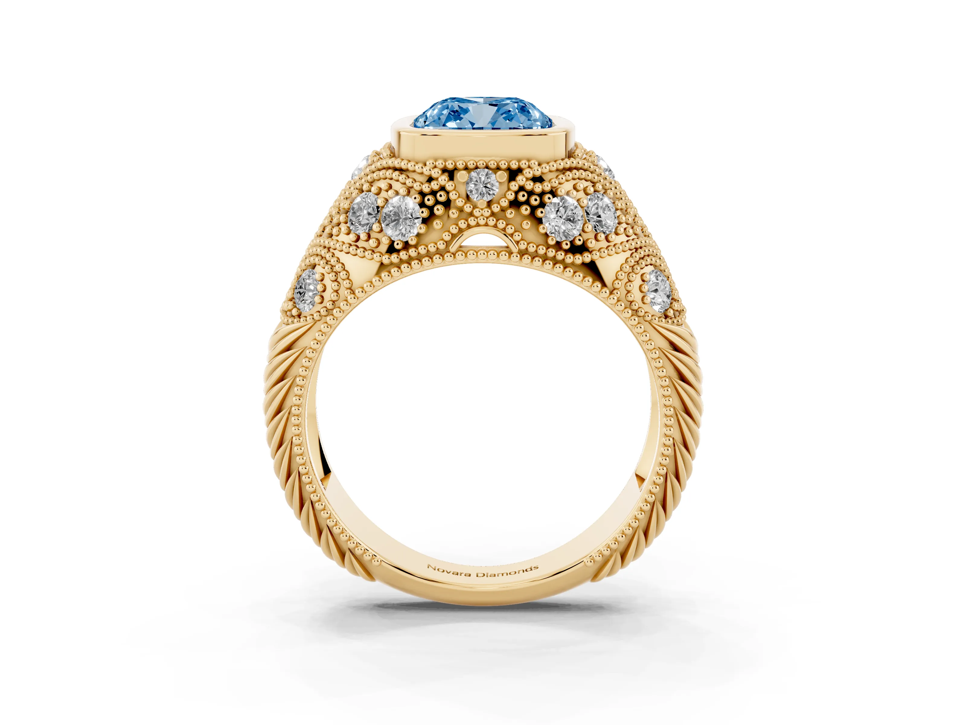 Fancy Blue Cushion Cut Diamond Bezel Ring Set in Yellow gold with Milgrain Accent Band