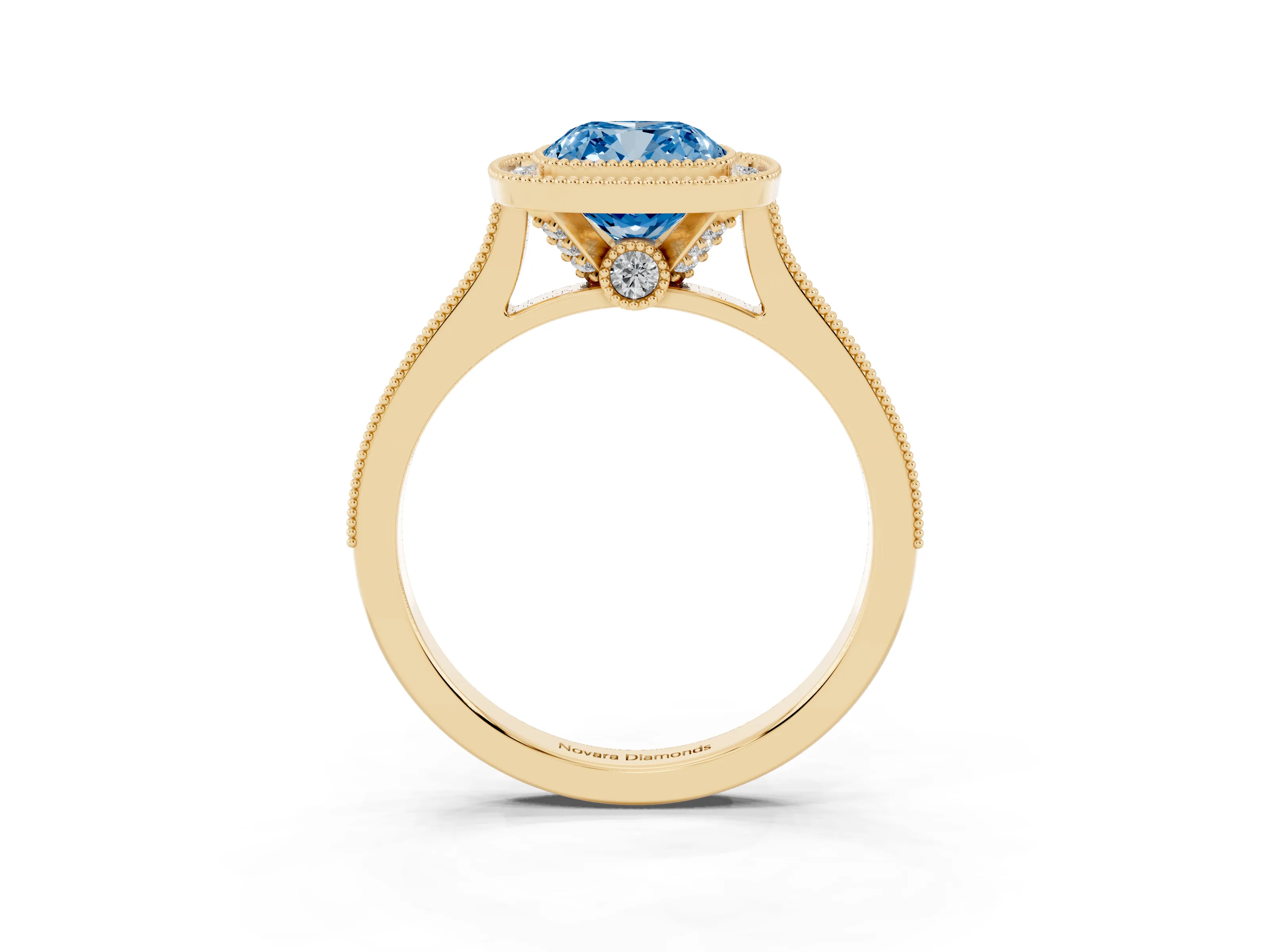 Fancy Blue Cushion Cut Diamond Halo Milgrain Pavé Band Ring Set in Yellow gold with Prong Setting
