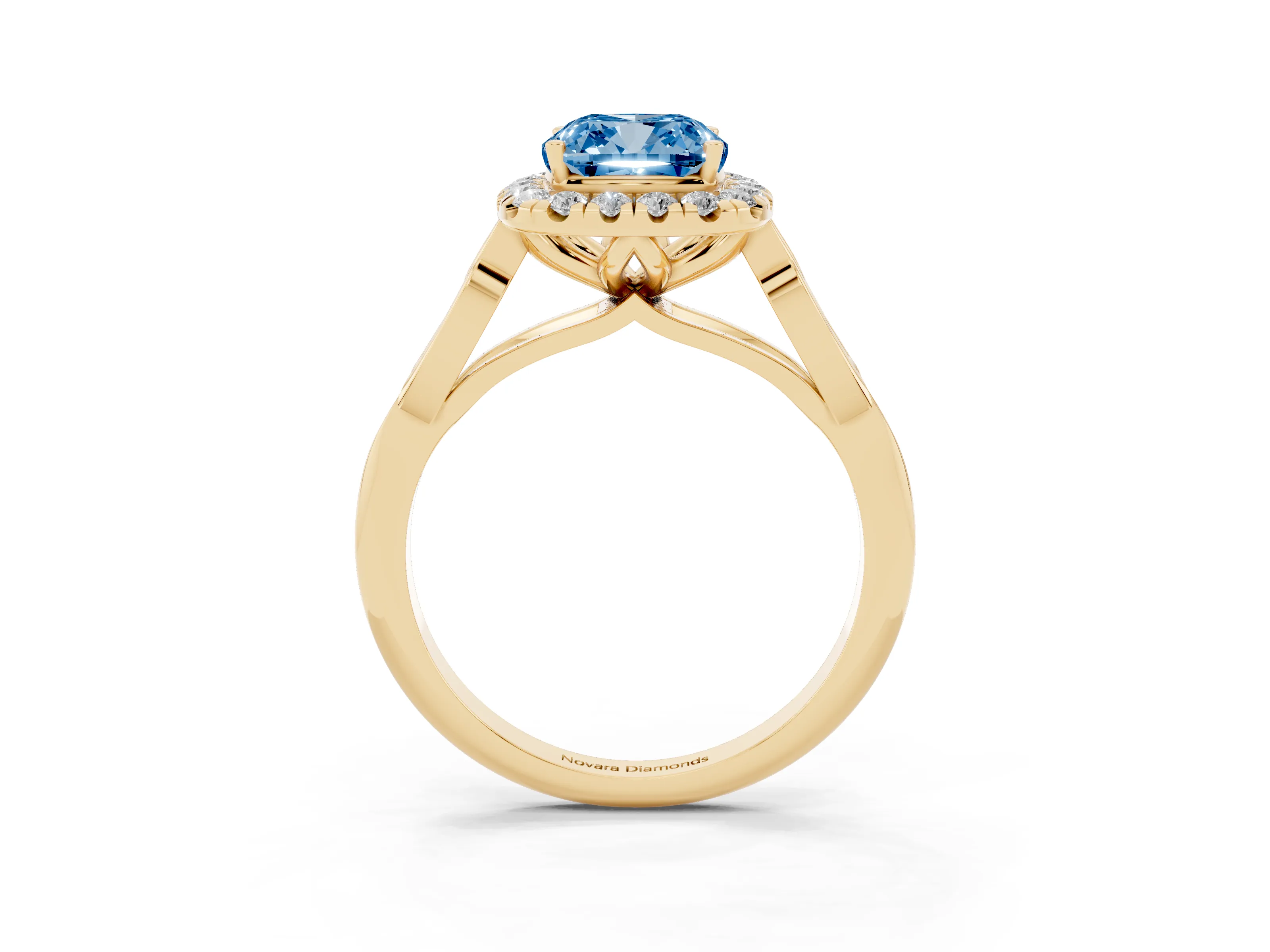 Fancy Blue Cushion Cut Diamond Halo Engagement Ring Set in Yellow gold with Filigree Band and Prong-Set Center