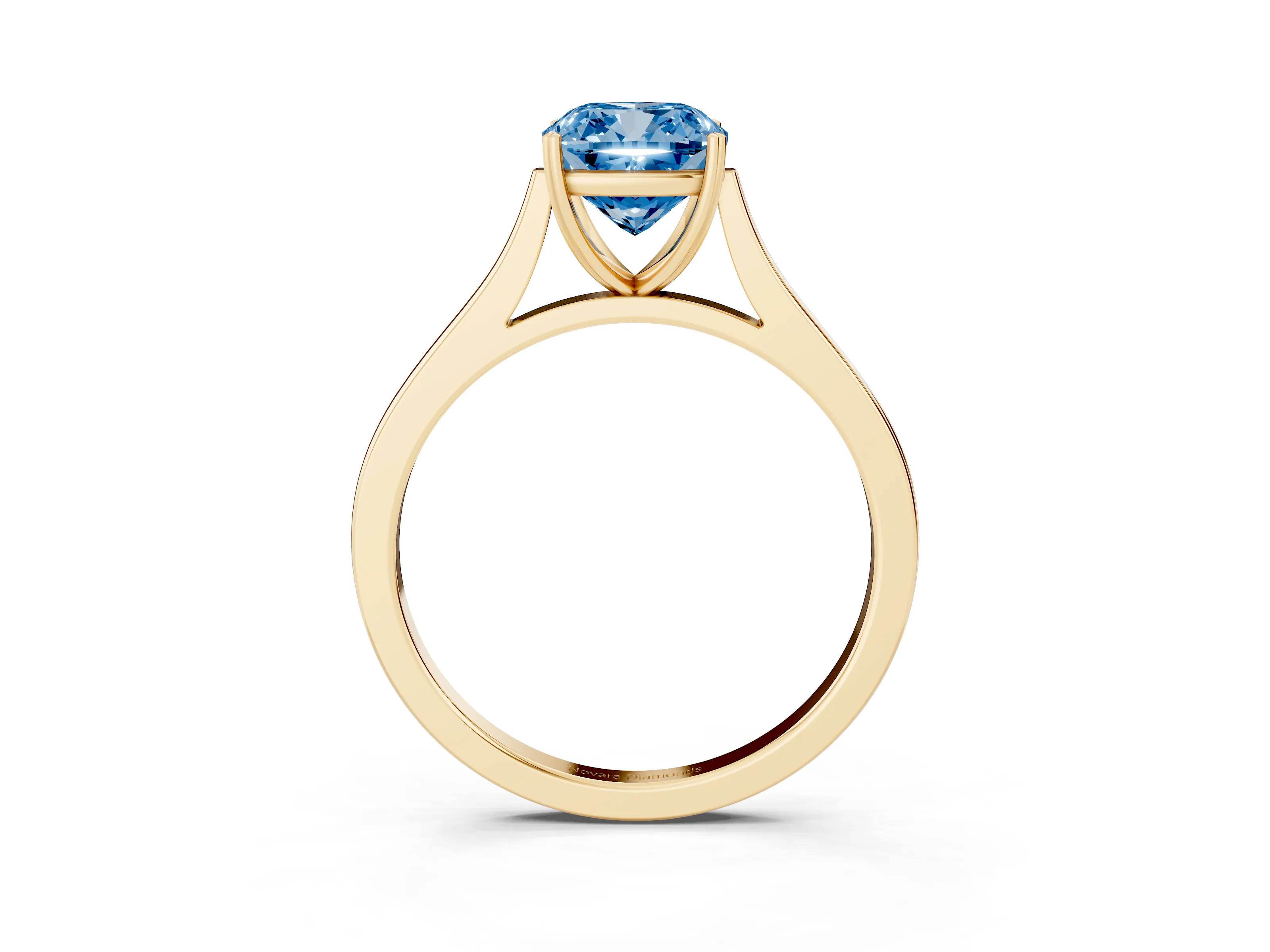Fancy Blue Cushion Cut Diamond Solitaire Heart Prong Engagement Ring Set in Yellow gold with Tapered Band