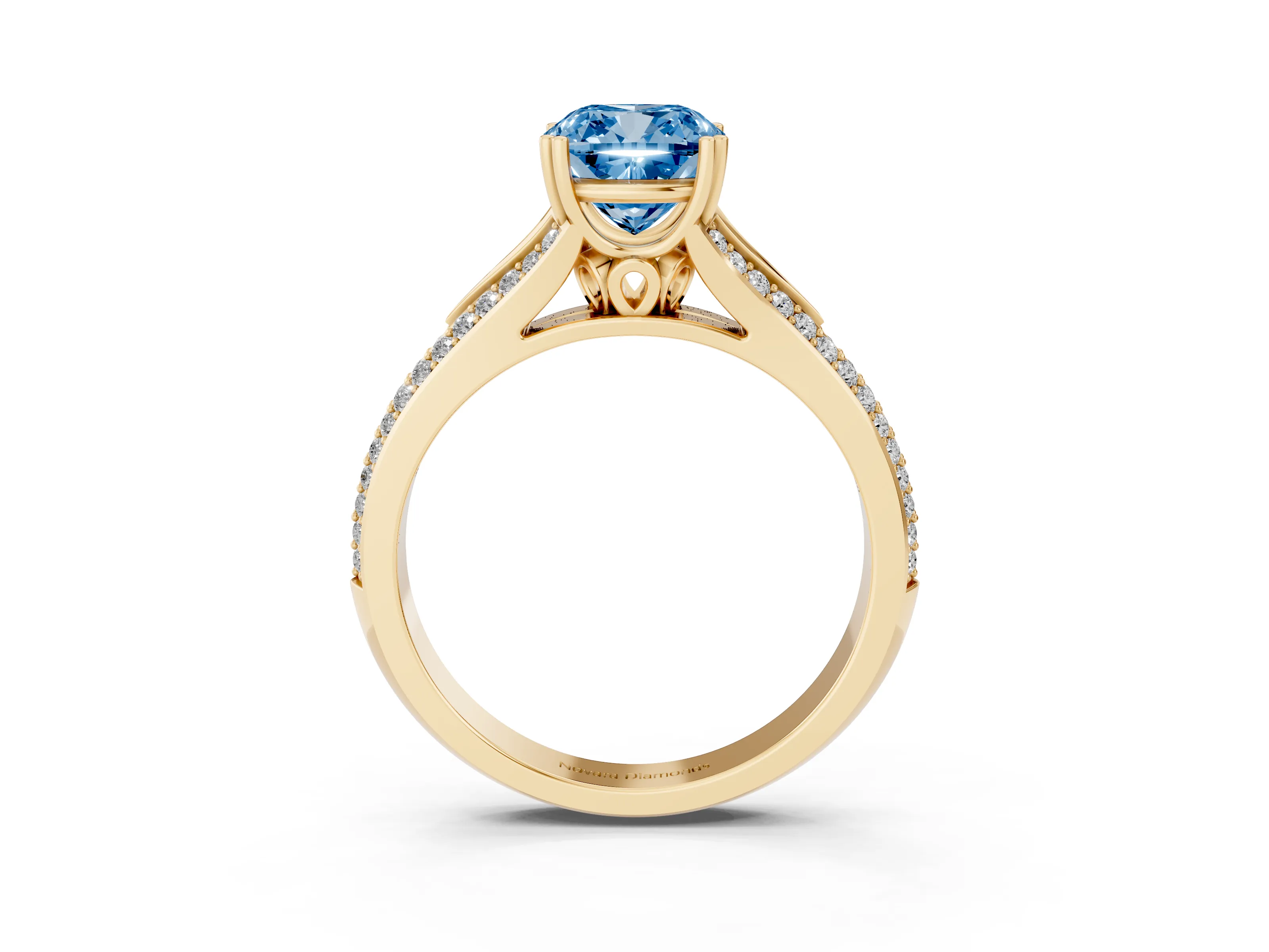Fancy Blue Cushion Cut Diamond Split Shank Pavé Engagement Ring Set in Yellow gold with Prong-Set Center Stone