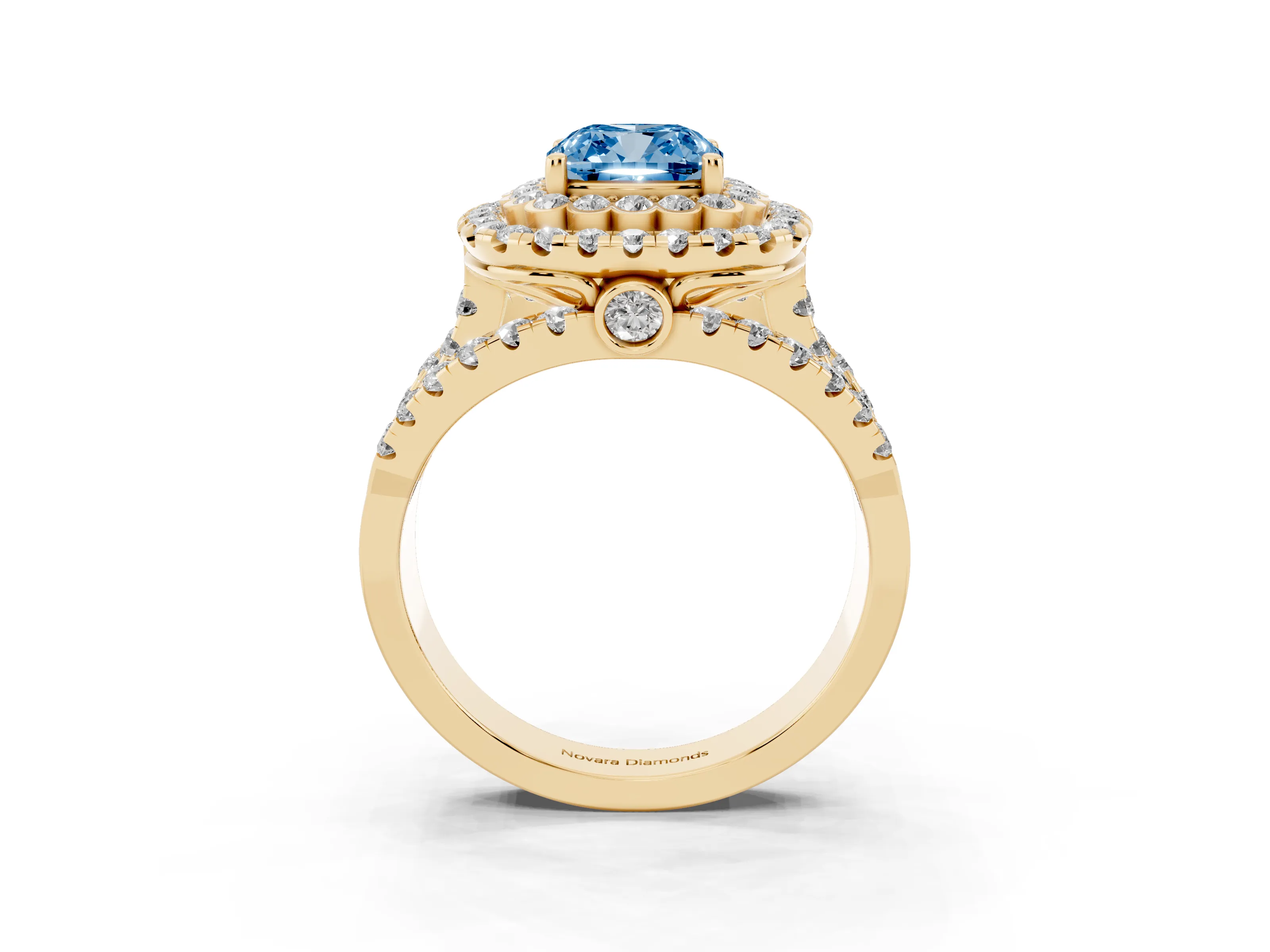 Fancy Blue Cushion Cut Diamond Double Halo Ring Set in Yellow gold with Round Pavé Split Shank