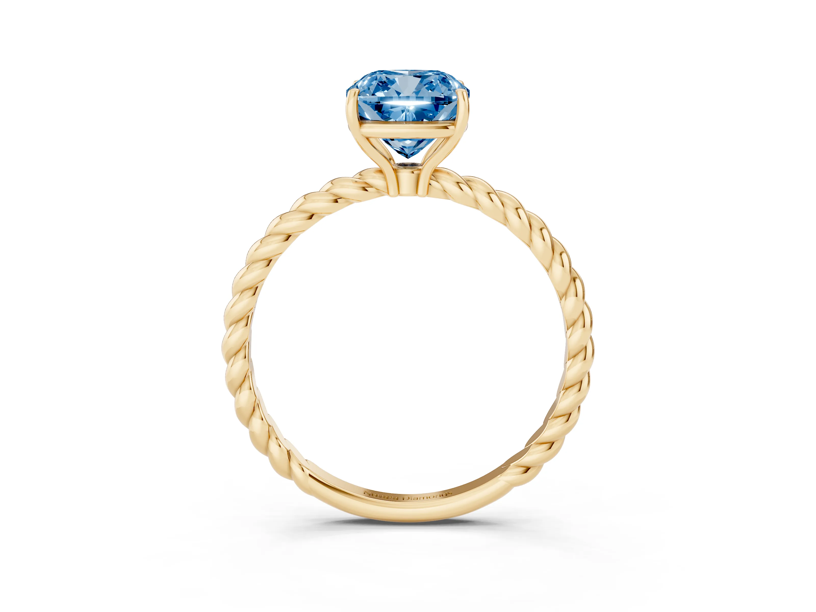 Fancy Blue Cushion Cut Diamond Solitaire Ring Set in Yellow gold with Twist Band and Prong Setting