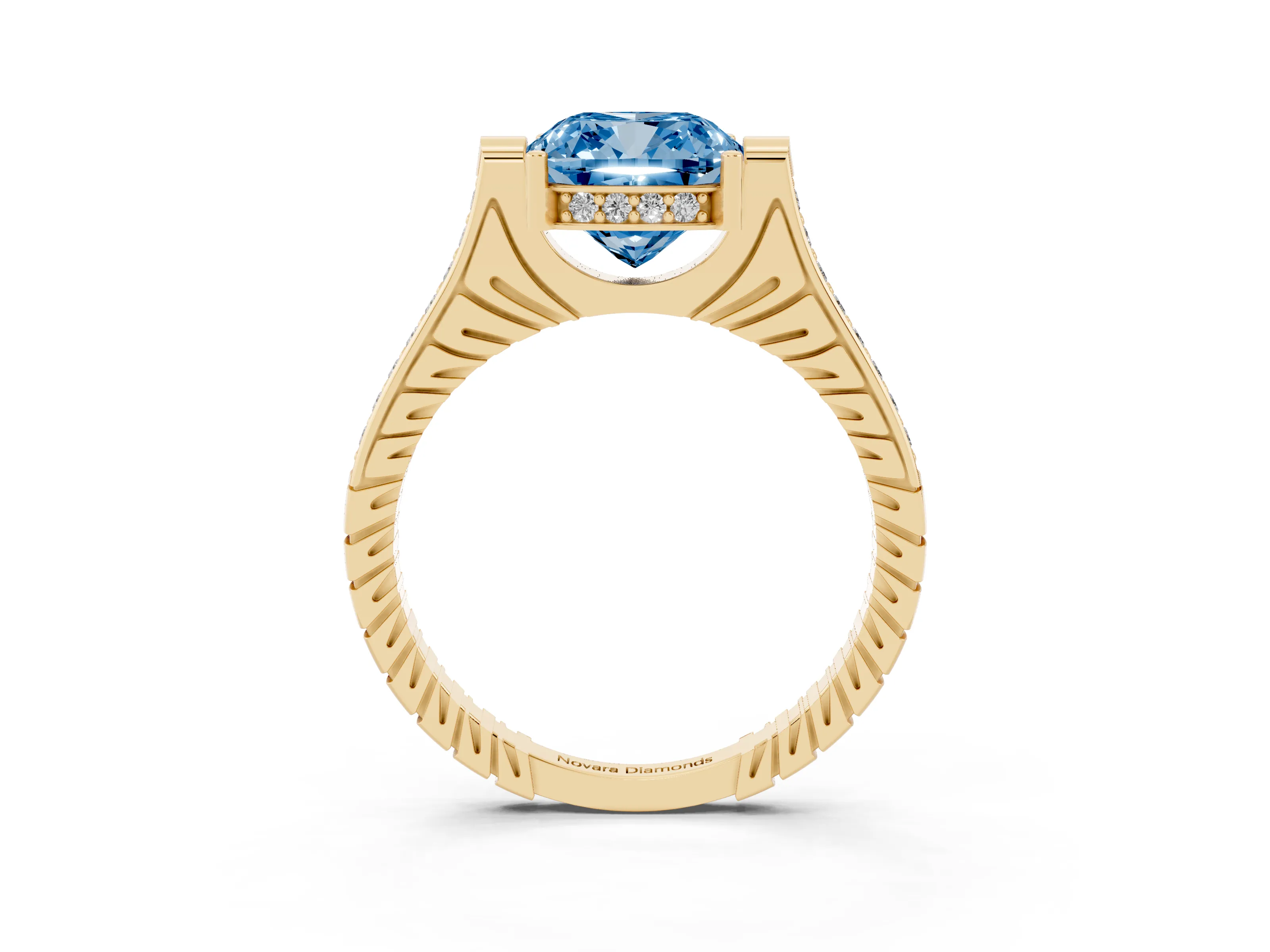 Fancy Blue Cushion Cut Diamond Solitaire Ring Set in Yellow gold with Channel Set Band and Bezel Prong Setting