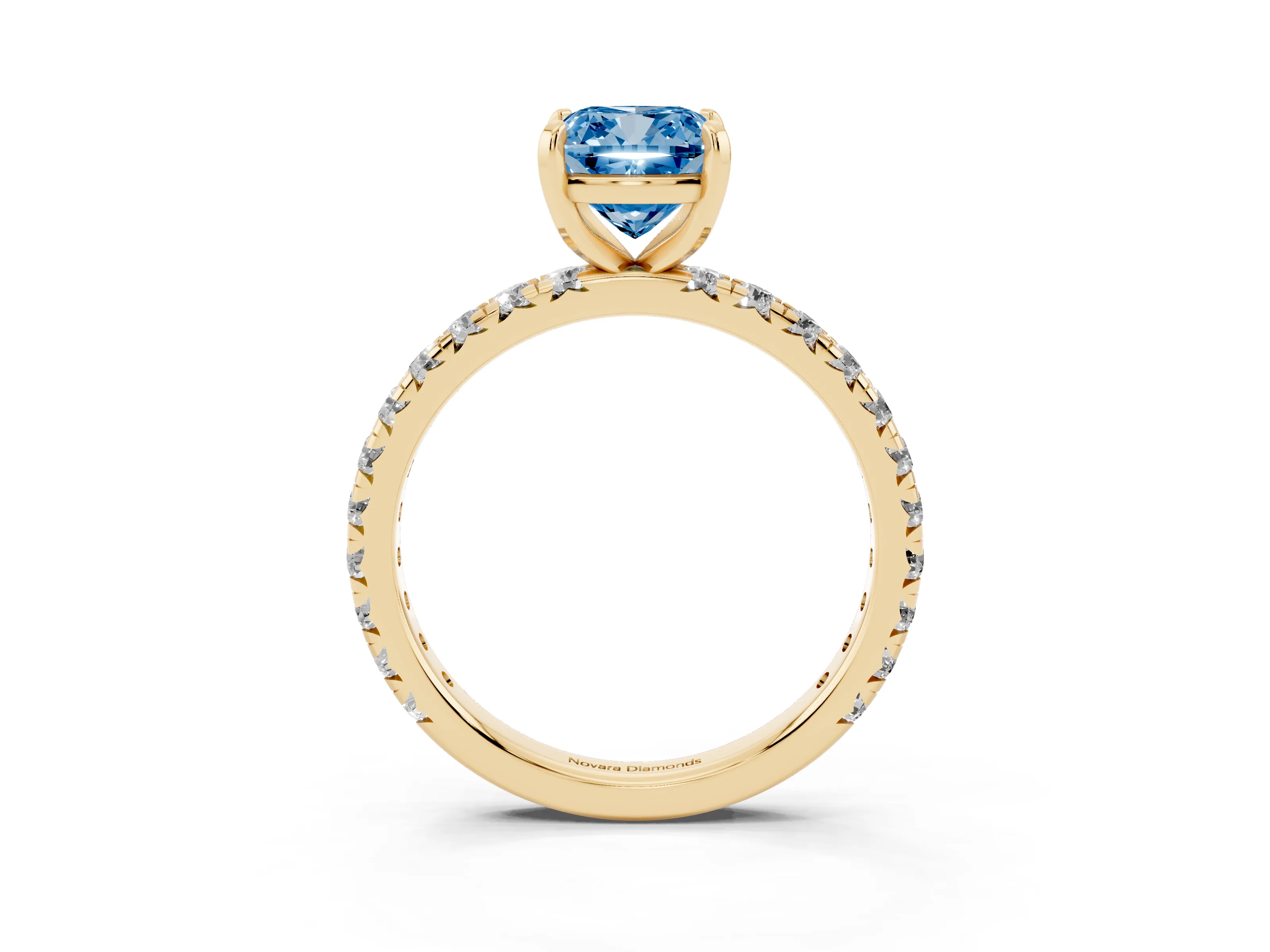 Fancy Blue Cushion Cut Diamond Pavé Solitaire Ring Set in Yellow gold with Round Band and Prong Setting