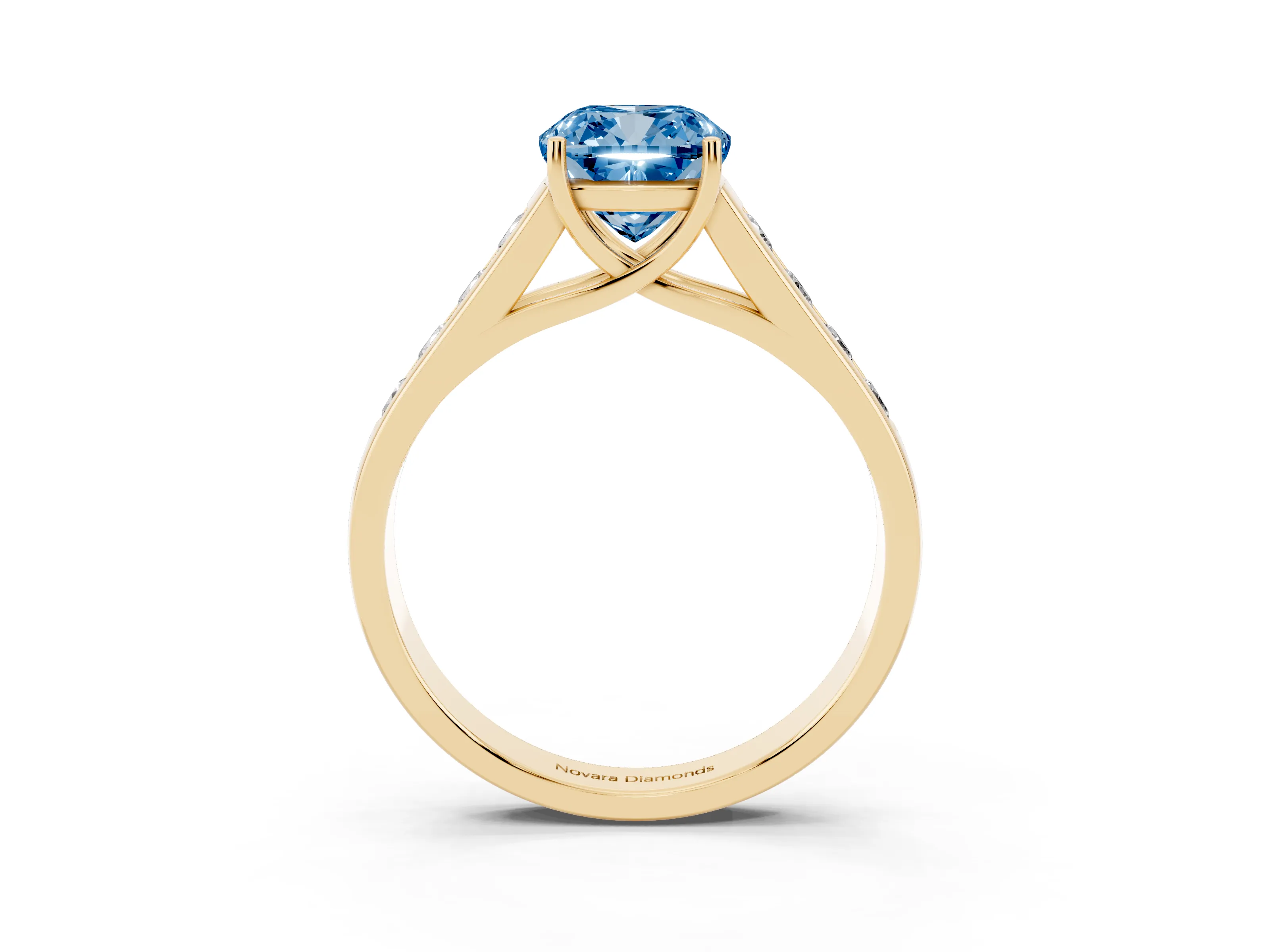 Fancy Blue Cushion Cut Diamond Brilliant Channel-Set Solitaire Ring Set in Yellow gold with Prong Setting