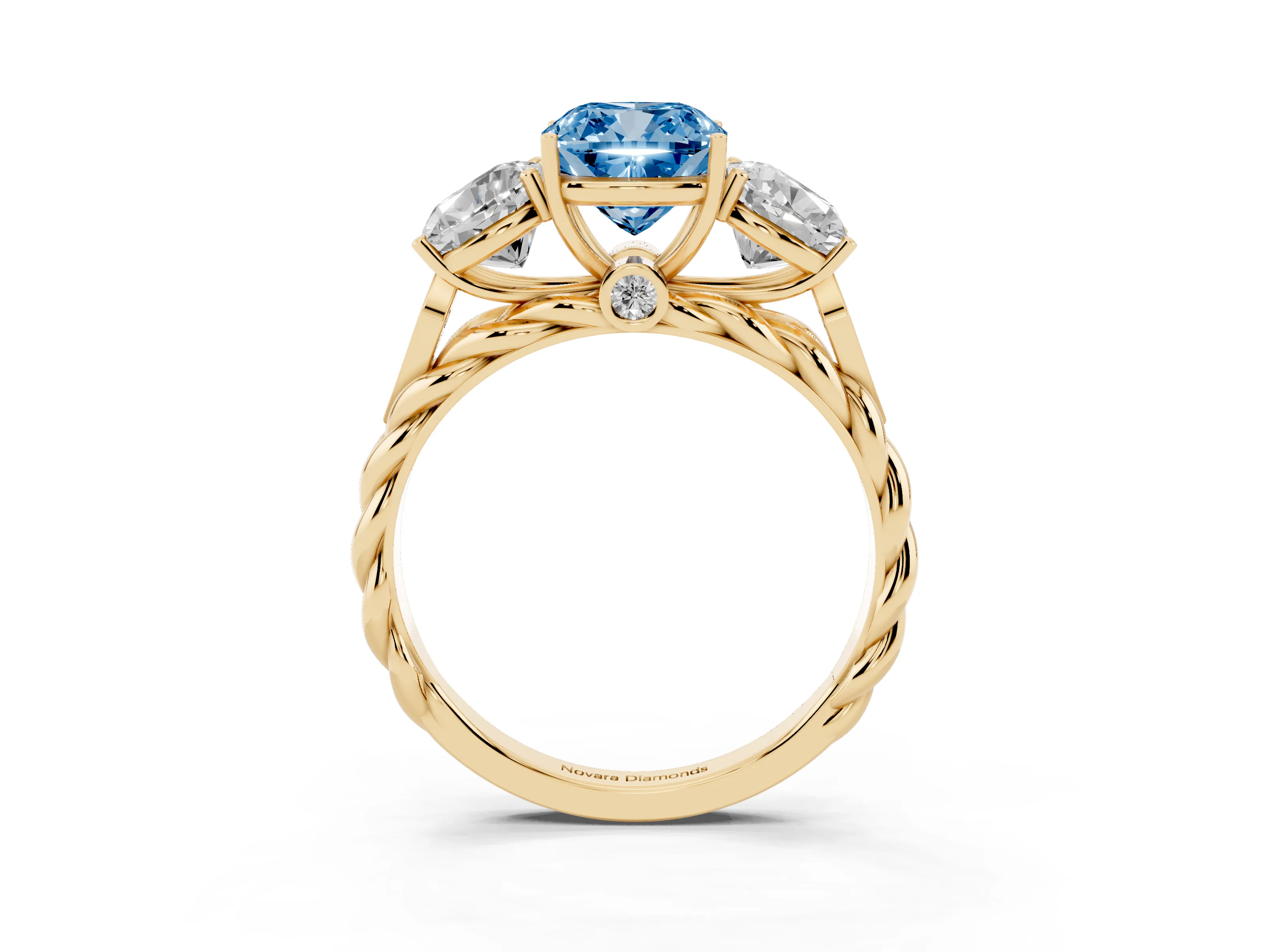 Fancy Blue Cushion Cut Diamond Three-Stone Ring Set in Yellow gold with Braided Band