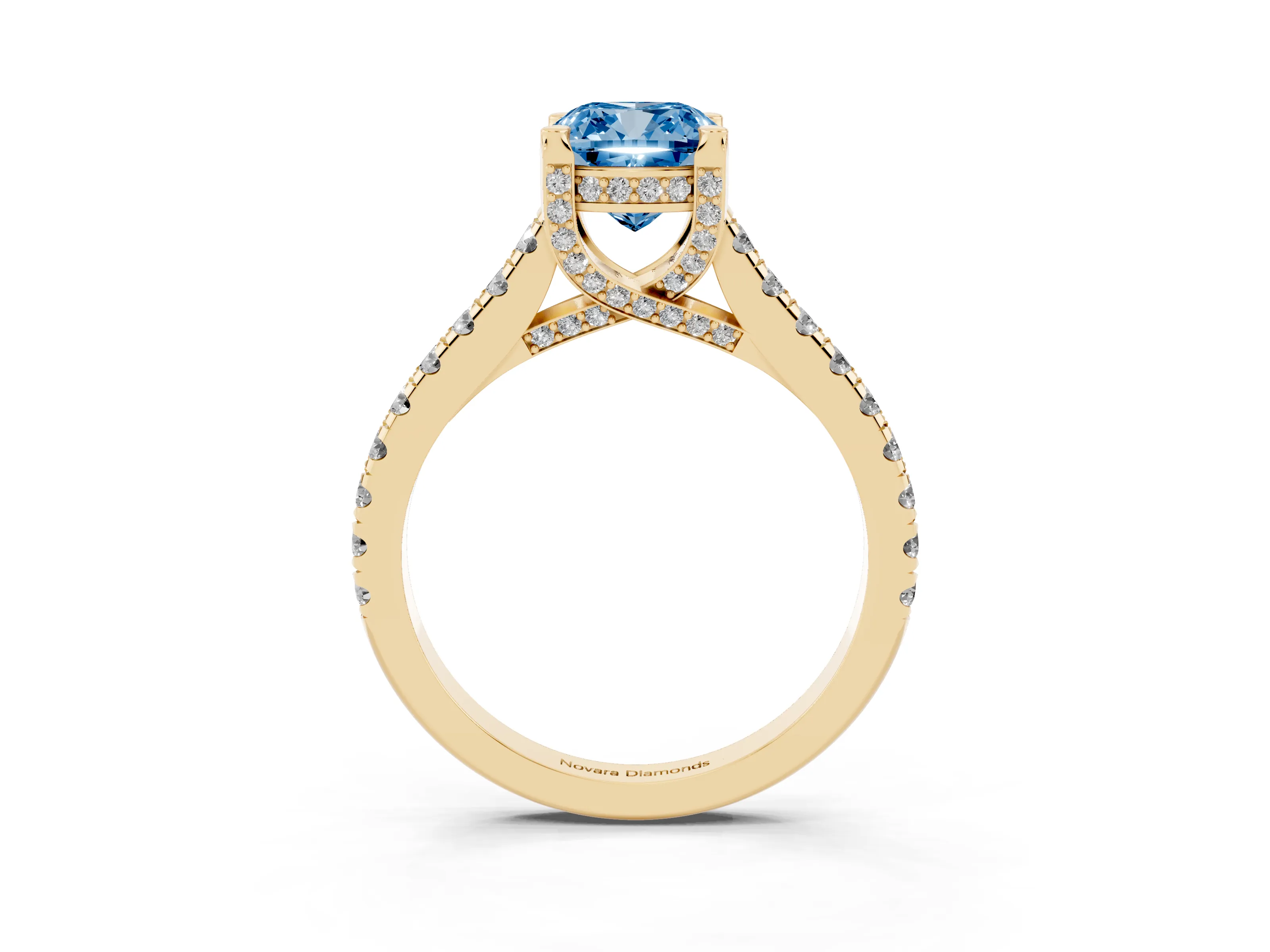 Fancy Blue Cushion Cut Diamond Solitaire Ring Set in Yellow gold with Brilliant Pavé Band and Prong Setting
