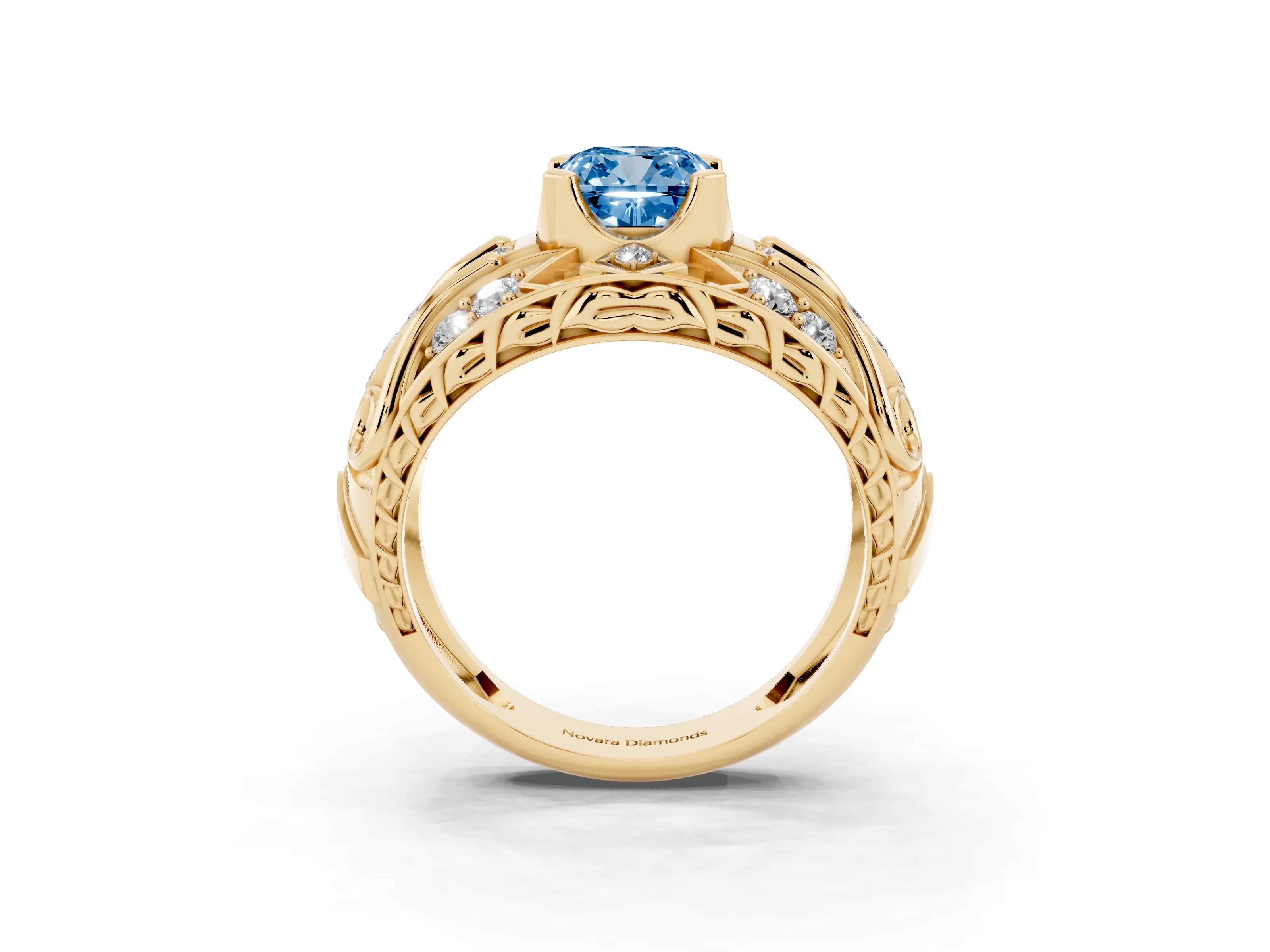 Fancy Blue Cushion Cut Diamond Art Deco Ring Set in Yellow gold with Pavé Split Shank