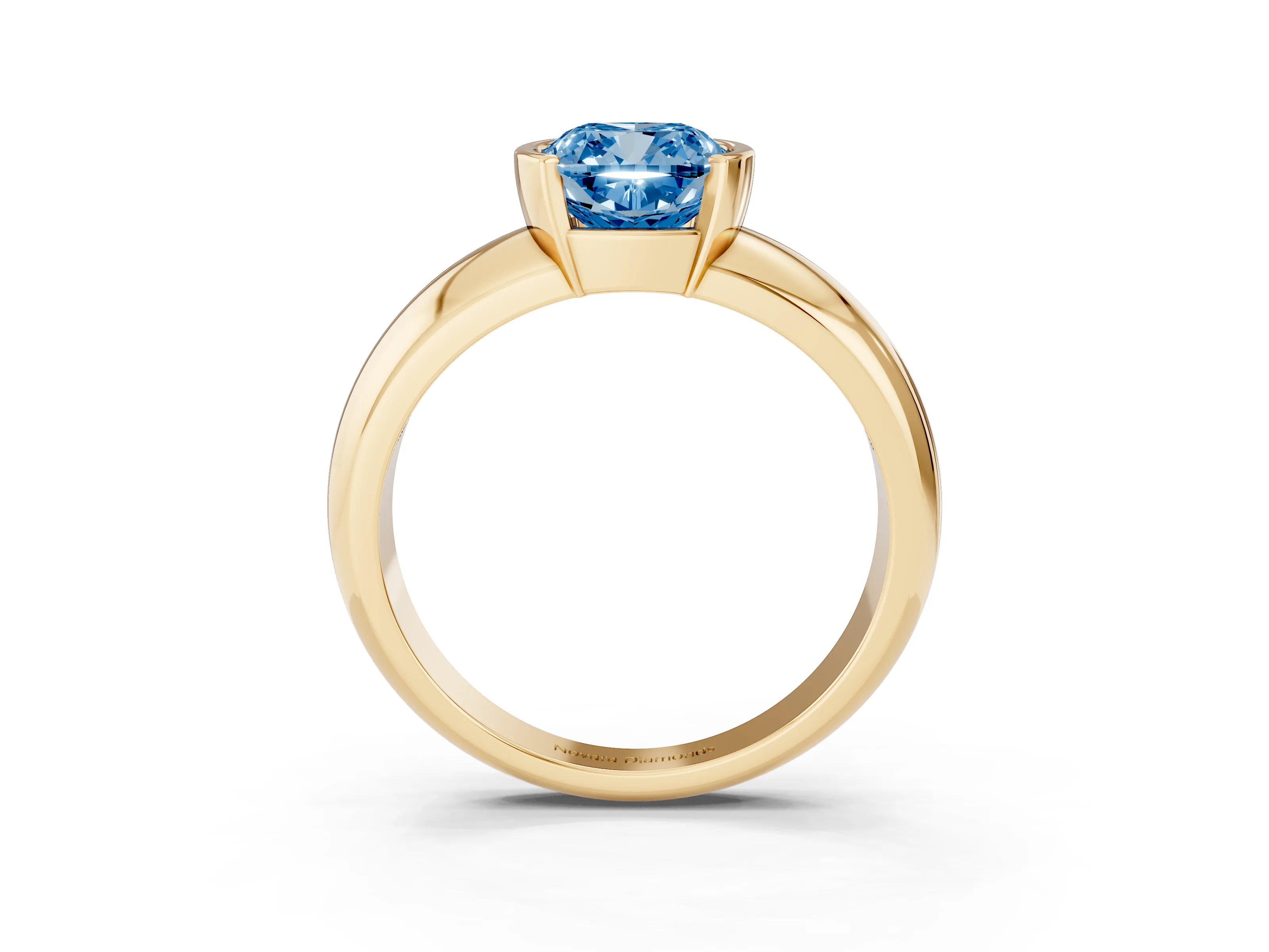 Fancy Blue Cushion Cut Diamond Solitaire Tension Set Ring Set in Yellow gold with Wide Band