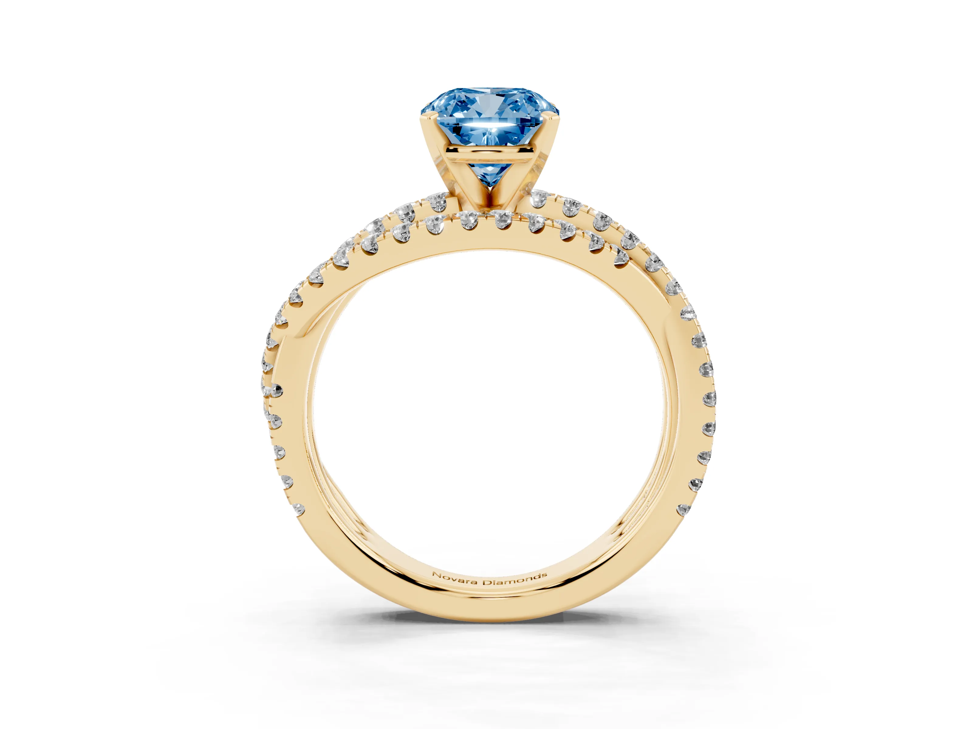 Fancy Blue Cushion Cut Diamond Solitaire Twist Band Ring Set in Yellow gold with Pavé Setting and Prong Head