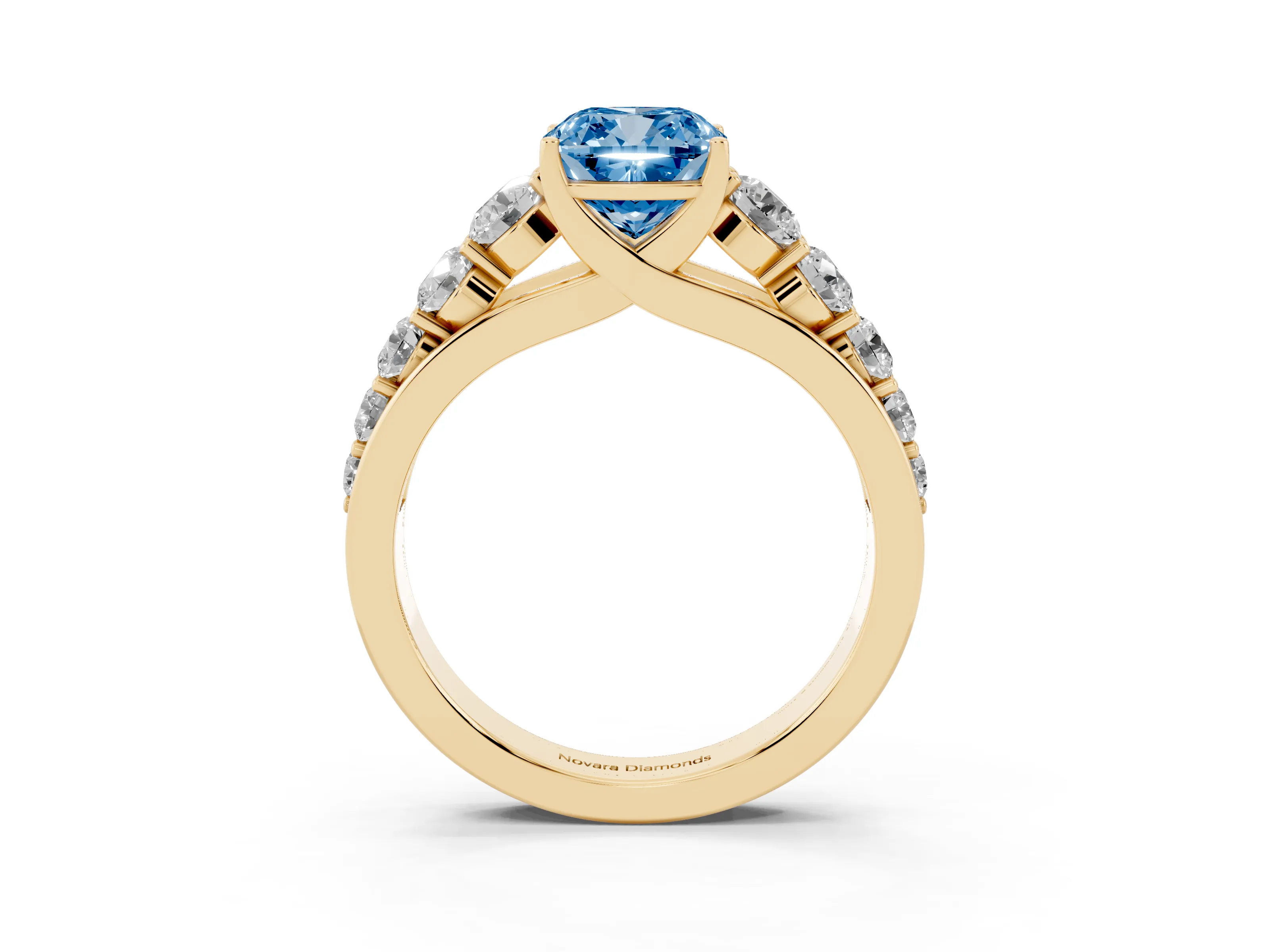Fancy Blue Cushion Cut Diamond Solitaire Ring Set in Yellow gold with Pavé-Set Band and Prong Setting