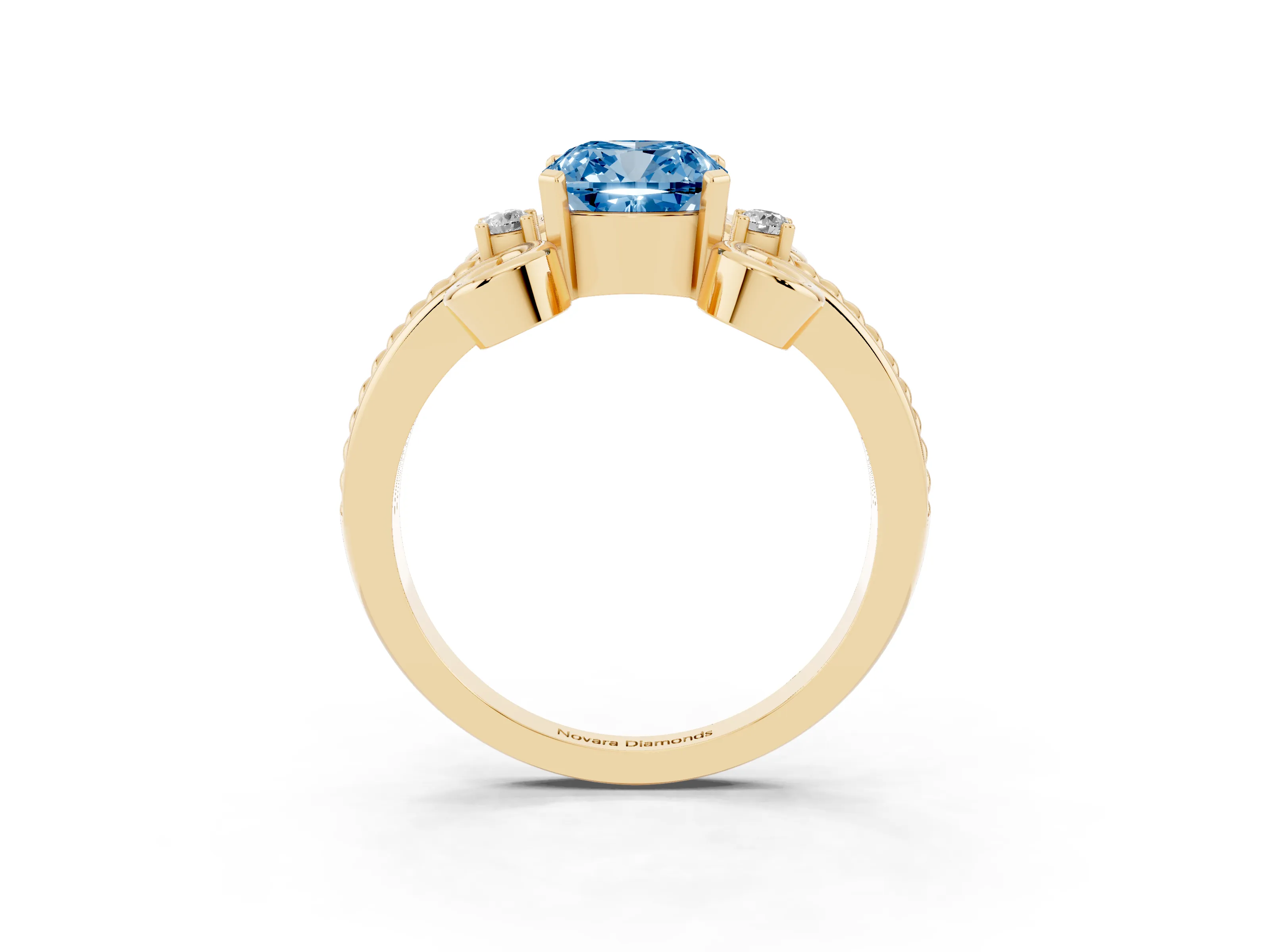 Fancy Blue Cushion Cut Diamond Twisted Band Solitaire Ring Set in Yellow gold with Scroll Prongs