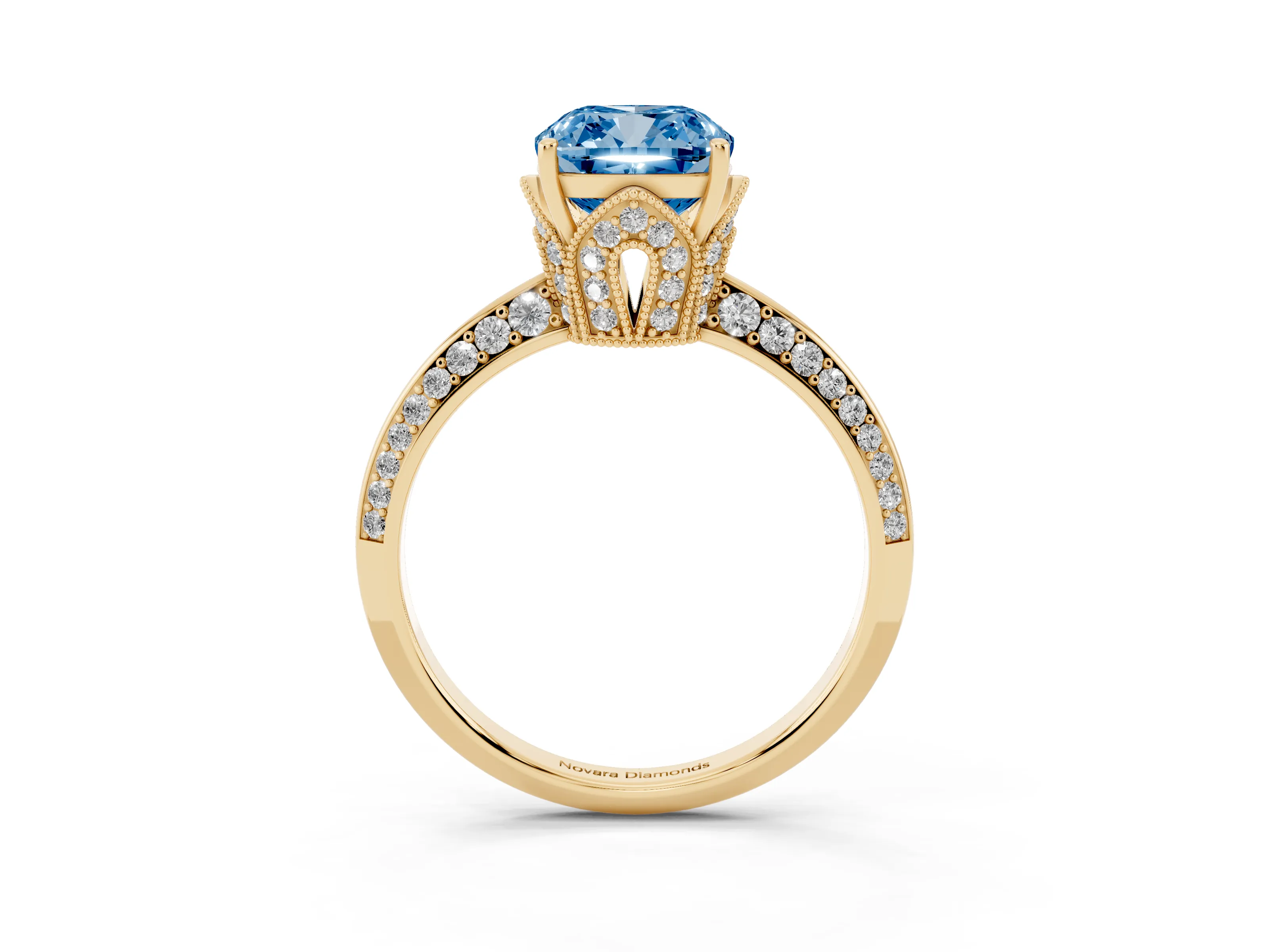 Fancy Blue Cushion Cut Diamond Solitaire Engagement Ring Set in Yellow gold with Pavé Split Shank and Prong Setting