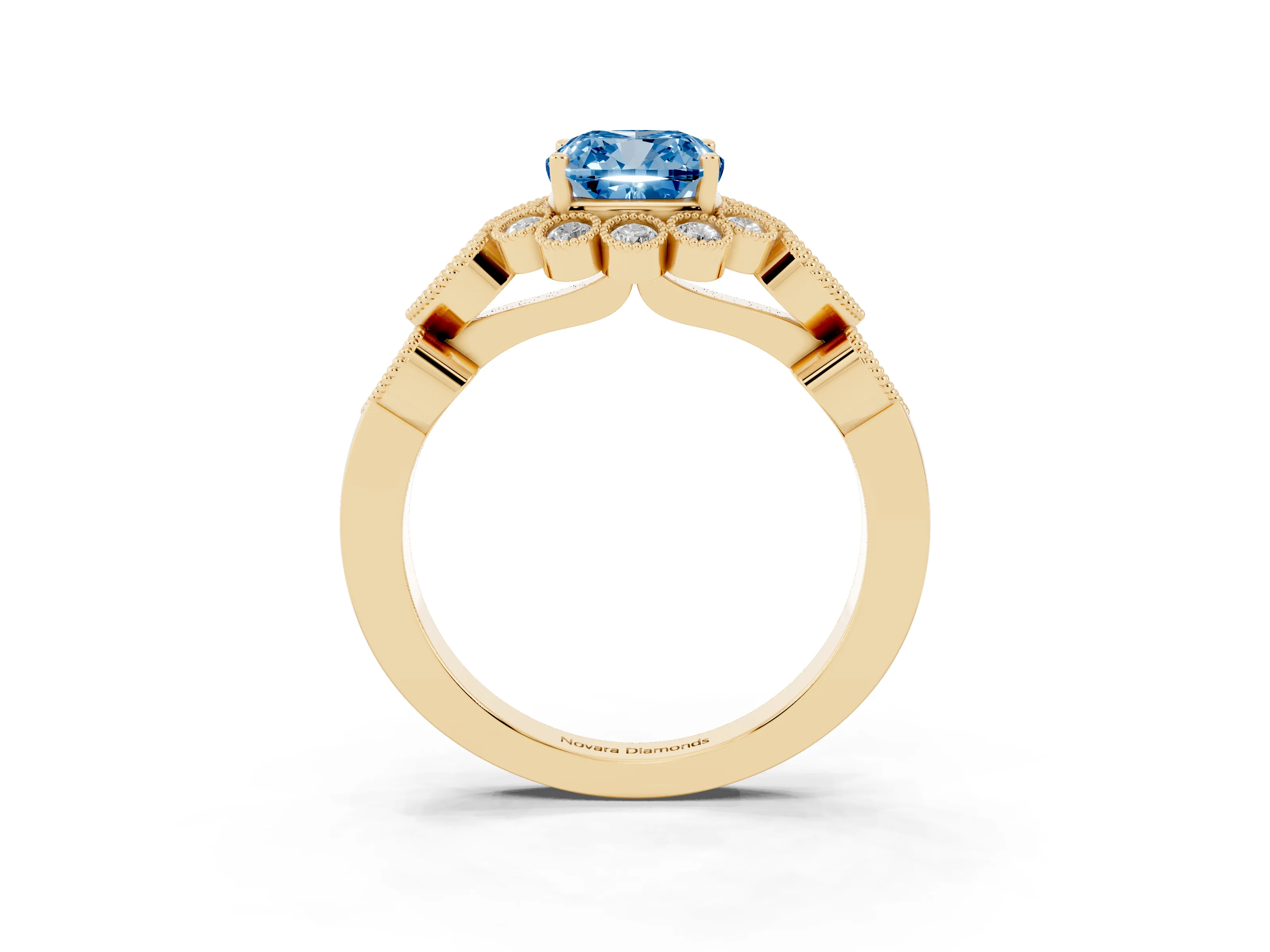 Fancy Blue Cushion Cut Diamond Solitaire Ring Set in Yellow gold with Milgrain Pavé Heart Band