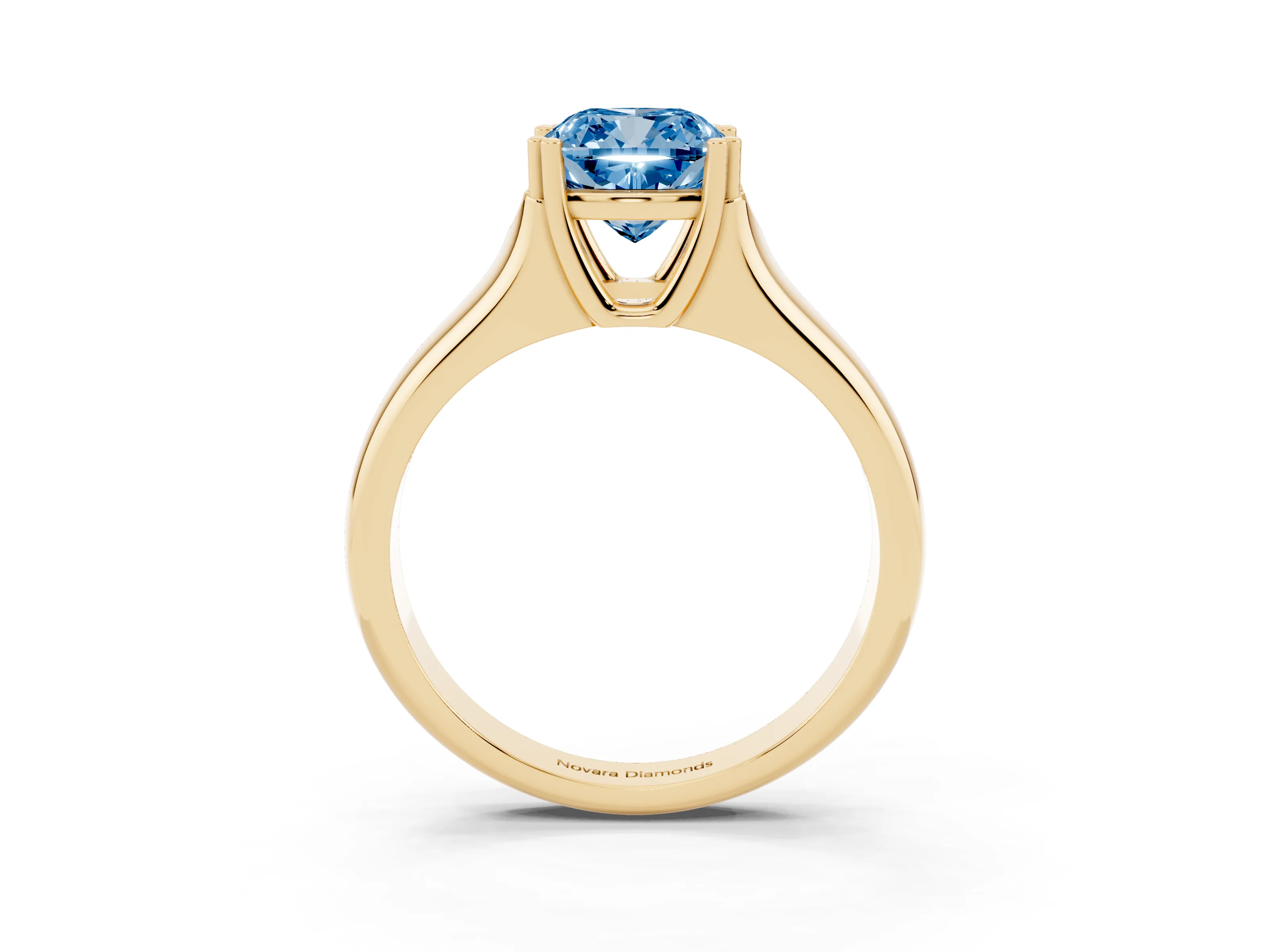 Fancy Blue Cushion Cut Diamond Solitaire Ring Set in Yellow gold with Wide Band and Prong Setting
