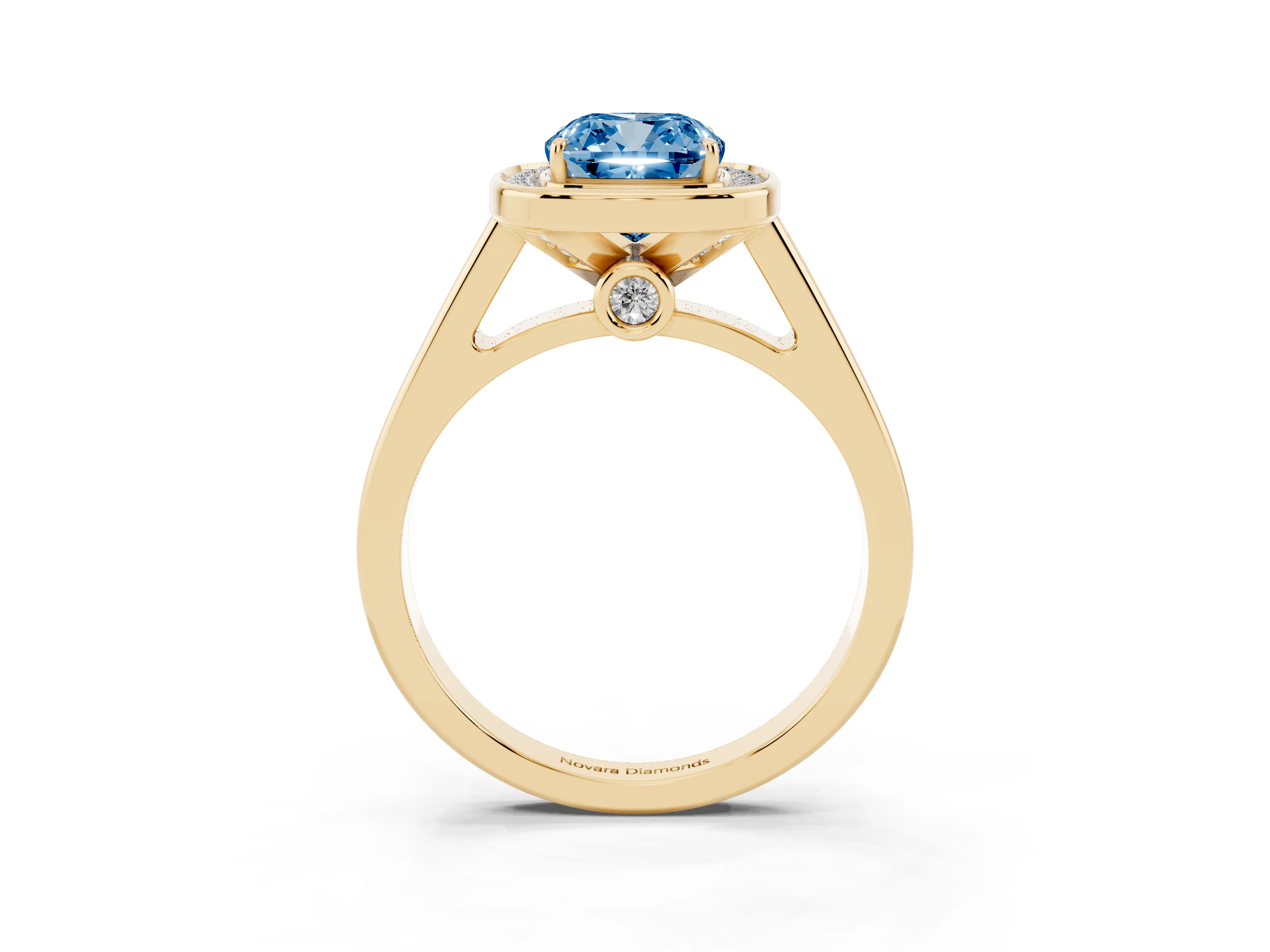 Fancy Blue Cushion Cut Diamond Halo Solitaire Ring Set in Yellow gold with Pavé Band and Bezel Setting