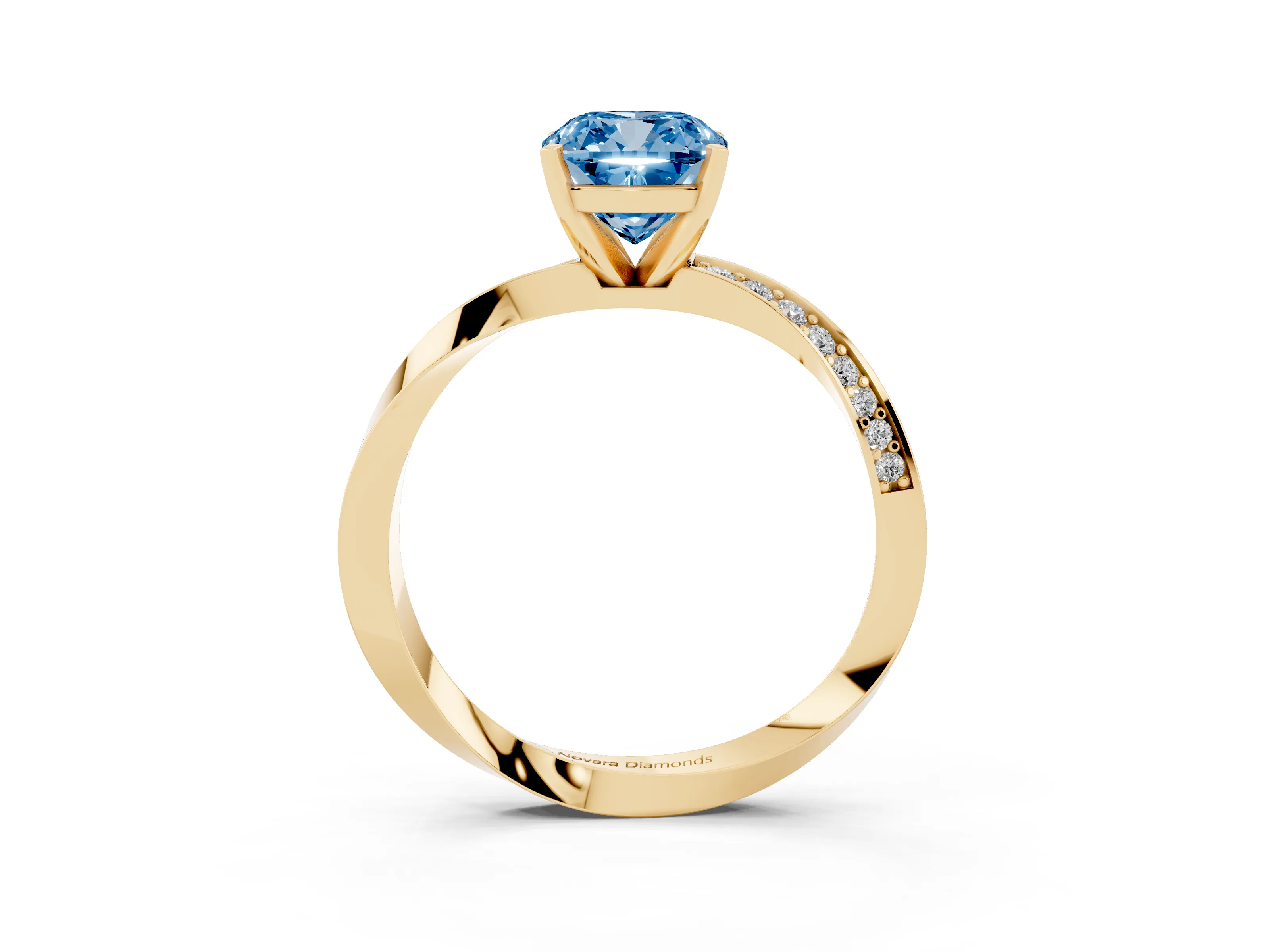 Fancy Blue Cushion Cut Diamond Engagement Ring Set in Yellow gold with Side Stone Accents and Prong Setting