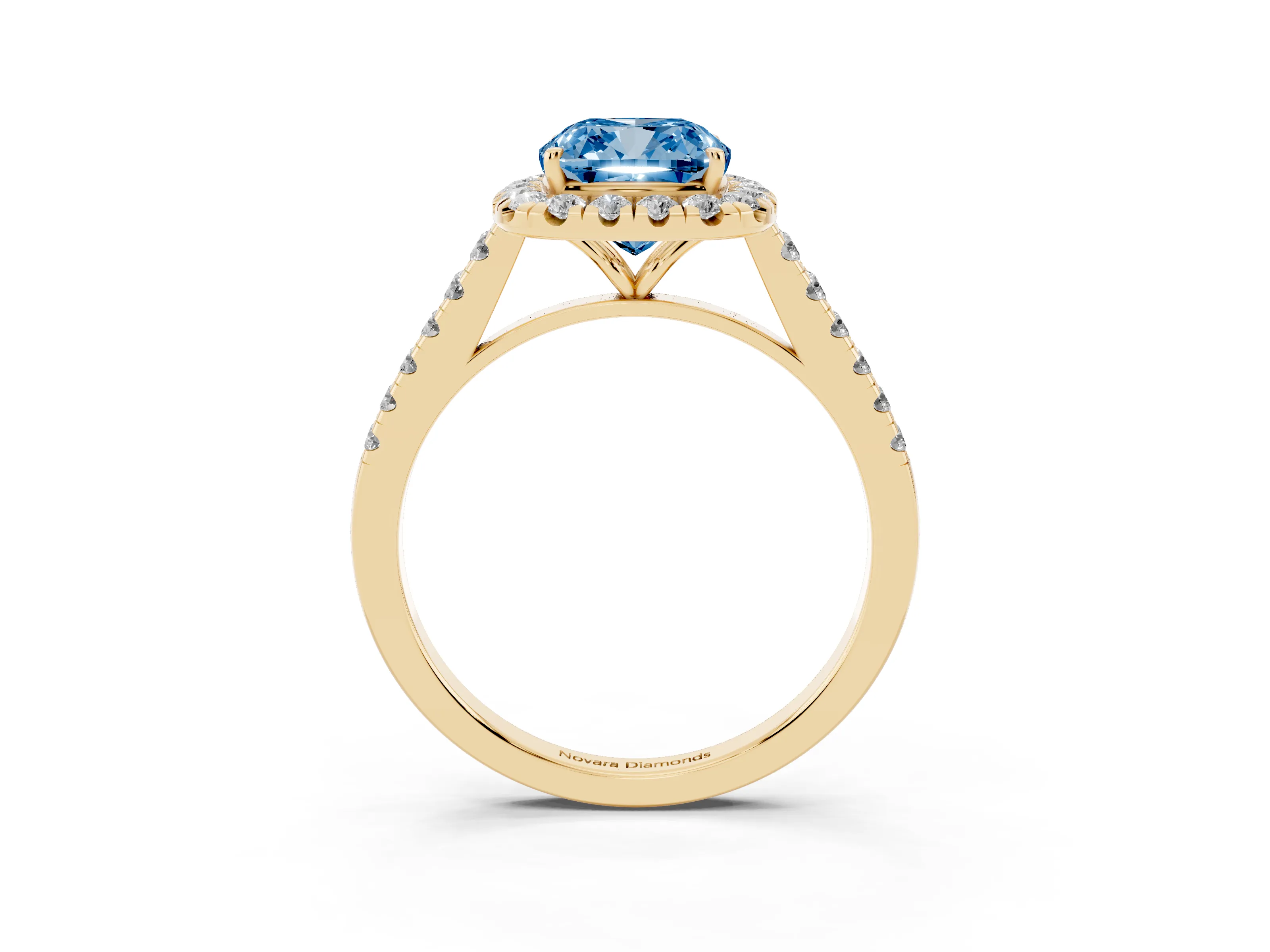 Fancy Blue Cushion Cut Diamond Halo Pavé Engagement Ring Set in Yellow gold with Prong Setting