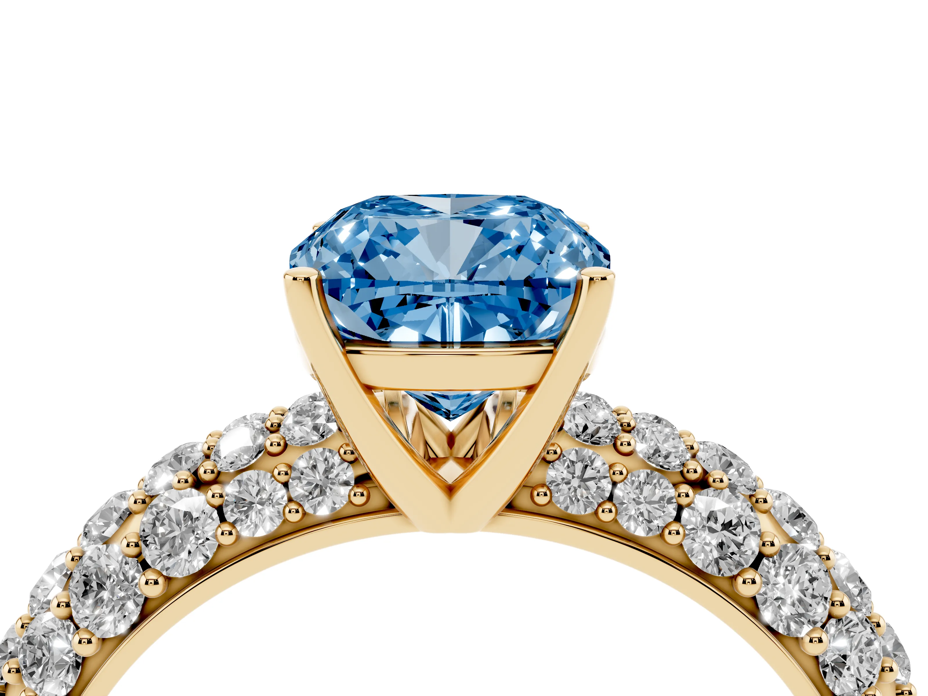 Fancy Blue Cushion Cut Diamond Pavé Band Solitaire Ring Set in Yellow gold with Close-Set Accent Stones and Prong Setting