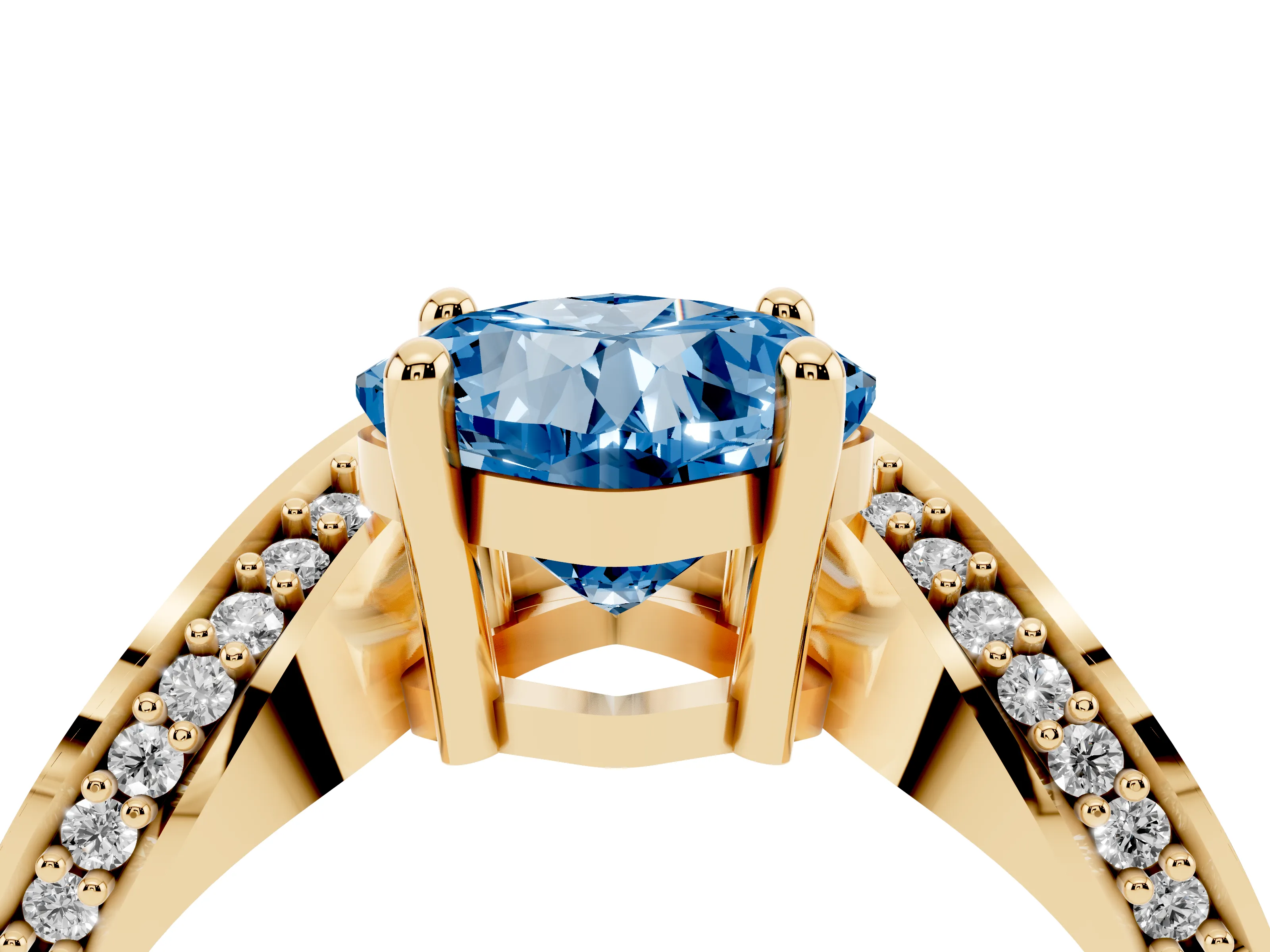 Fancy Blue Cushion Cut Diamond Solitaire Engagement Ring Set in Yellow gold with Pavé Shoulders