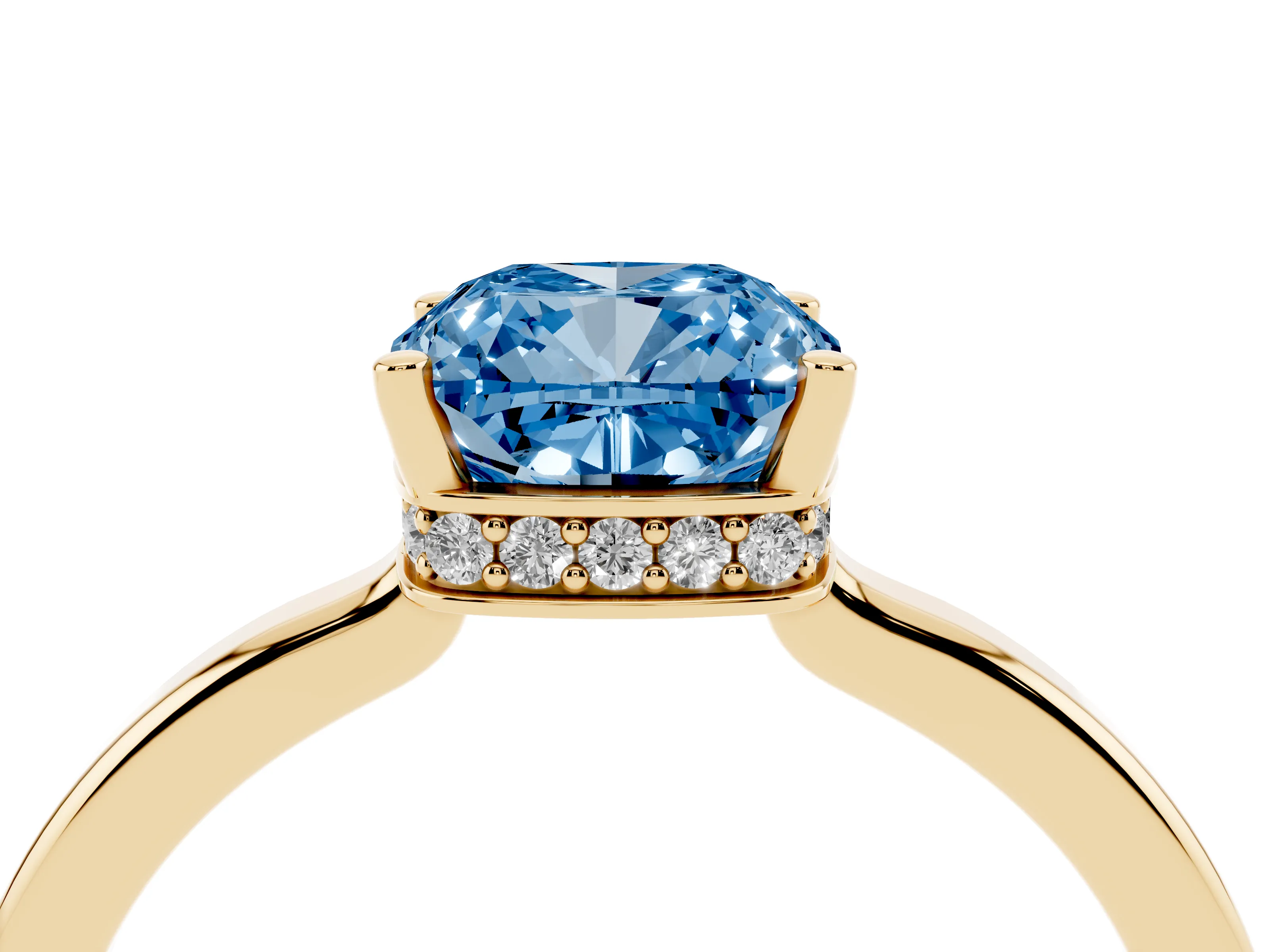 Fancy Blue Cushion Cut Diamond Solitaire Engagement Ring Set in Yellow gold with Prong Setting on a Plain Band