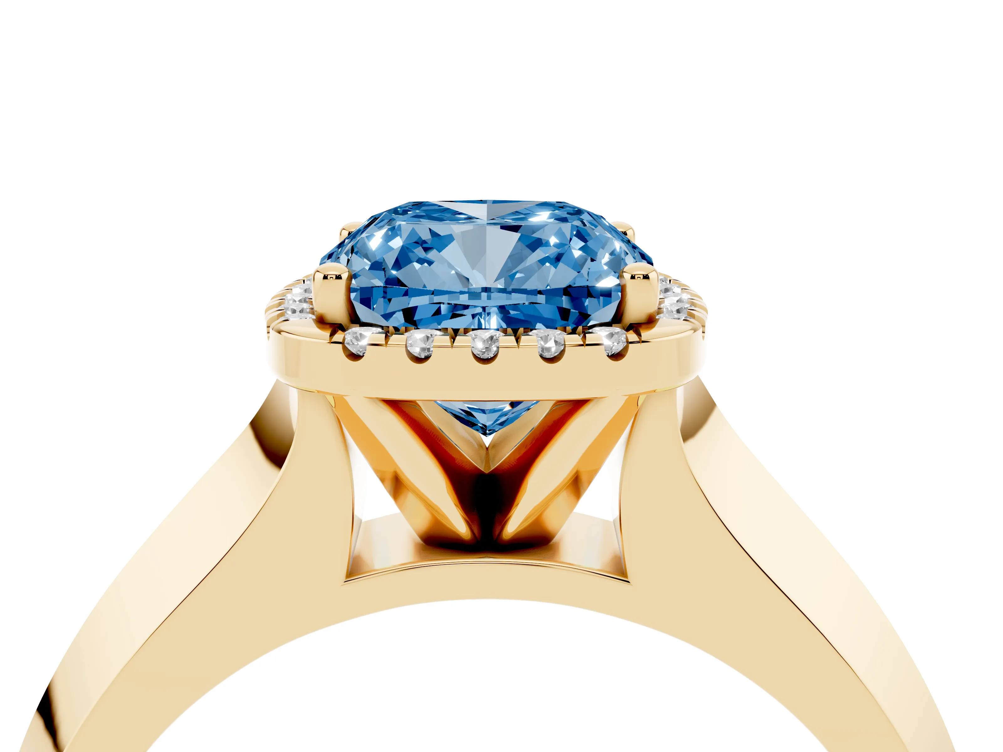 Fancy Blue Cushion Cut Diamond Halo Ring Set in Yellow gold with Cathedral Band and Prong Setting